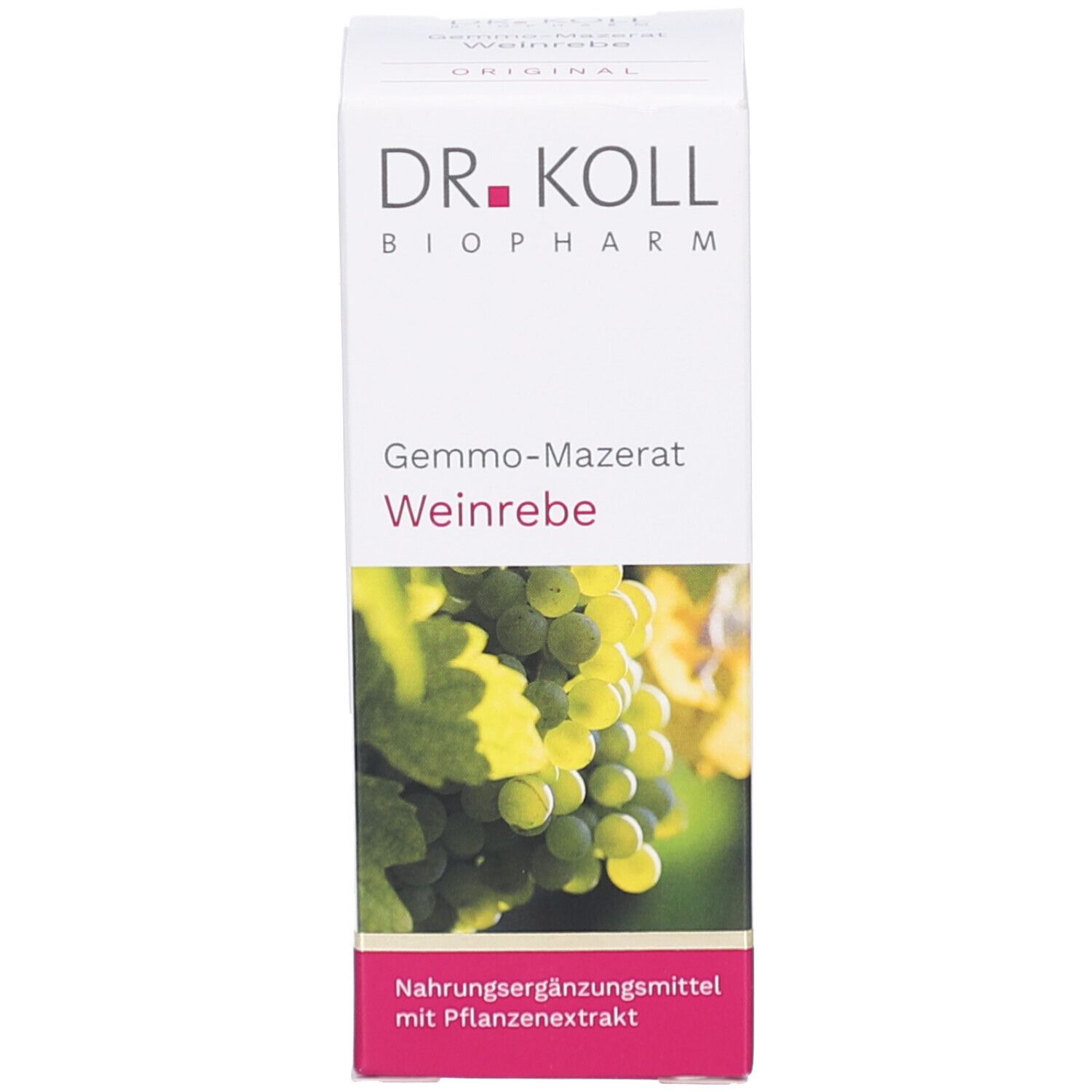 Emballage du produit. Boîte avec nom du produit, marque Dr. Koll et illustration de raisins.