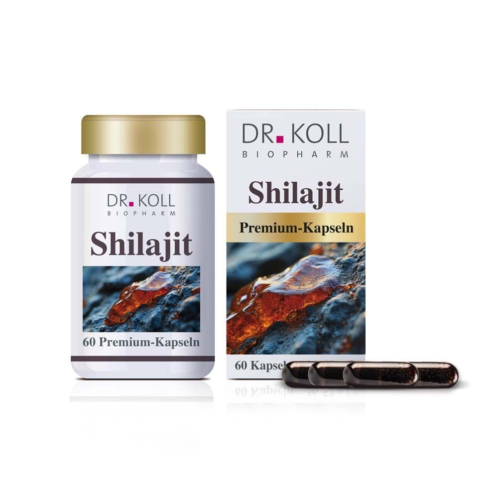 Flasche und Schachtel mit Shilajit-Kapseln. Aufschrift: Dr. Koll, Shilajit, 60 Kapseln. Braune Kapseln liegen daneben.