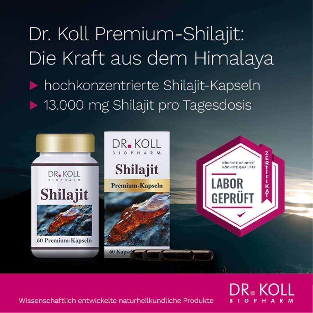 Werbung für Shilajit-Kapseln. Flasche und Schachtel mit Kapseln. Text: Dr. Koll, Shilajit. Laborgeprüft-Siegel.
