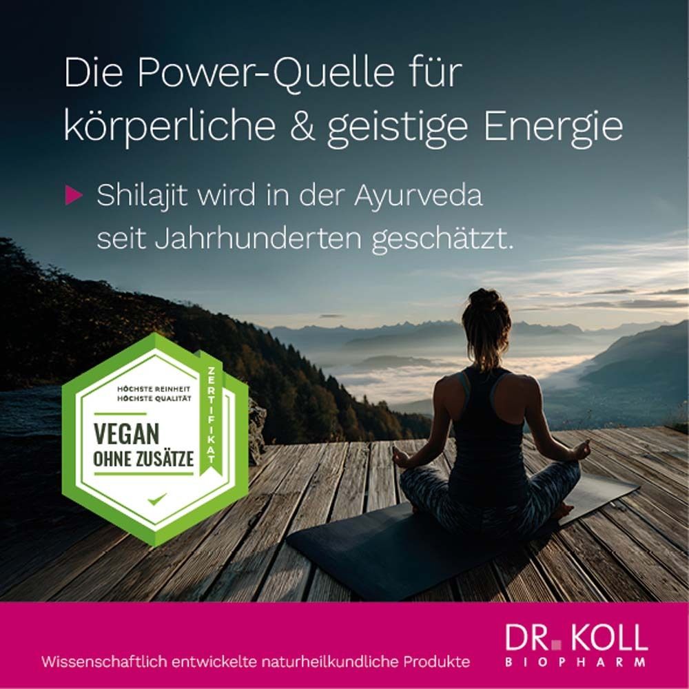 Frau meditiert. Text: Die Power-Quelle für körperliche & geistige Energie. Vegan-Siegel. Hintergrund: Berge.