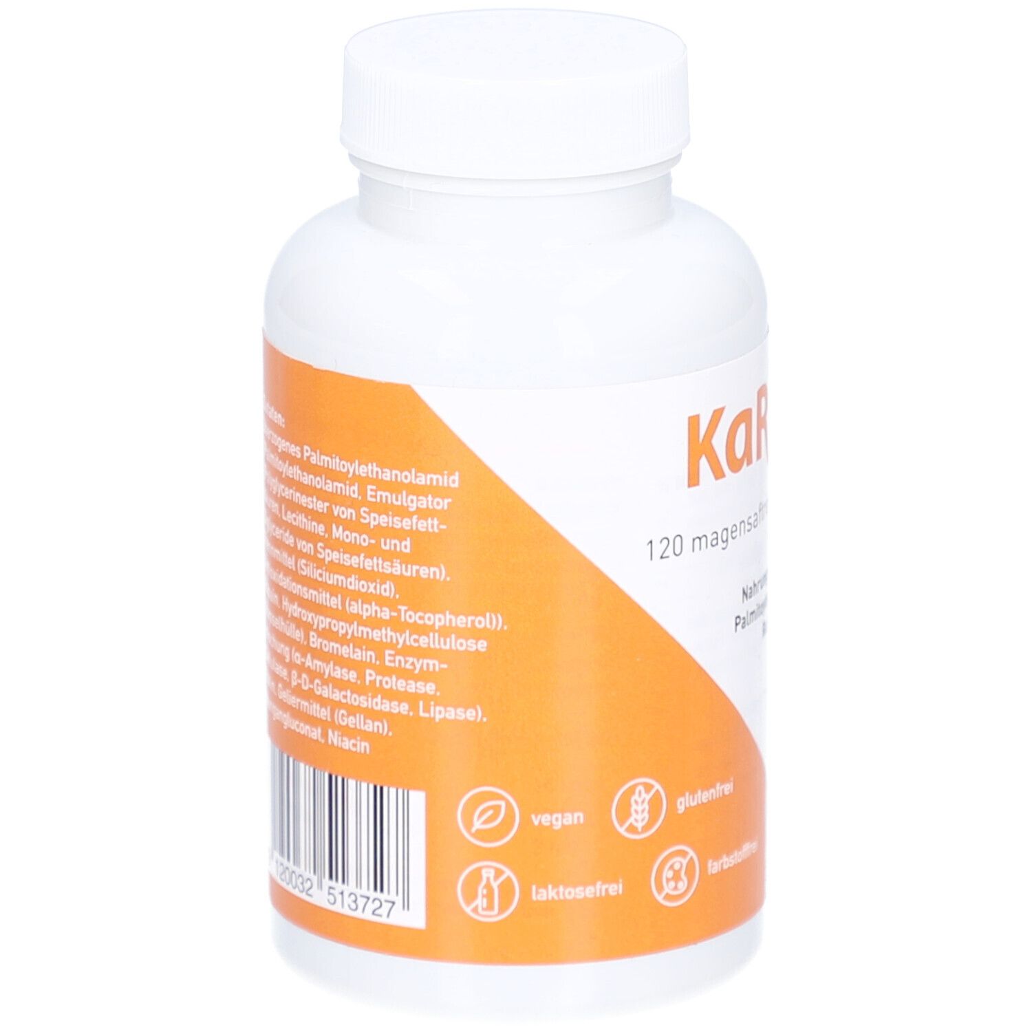 Dos du flacon blanc. Étiquette avec ingrédients, symboles végétaliens et sans gluten, et code-barres.