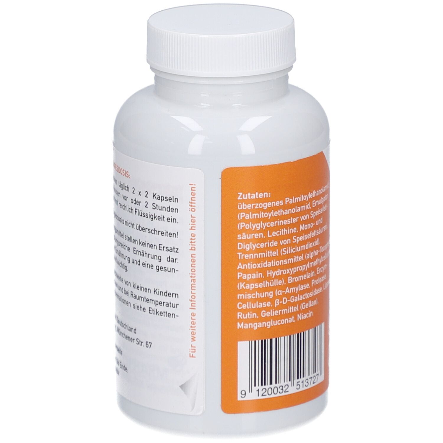 Dos du flacon blanc. Étiquette avec ingrédients, mode d'emploi et informations du fabricant.