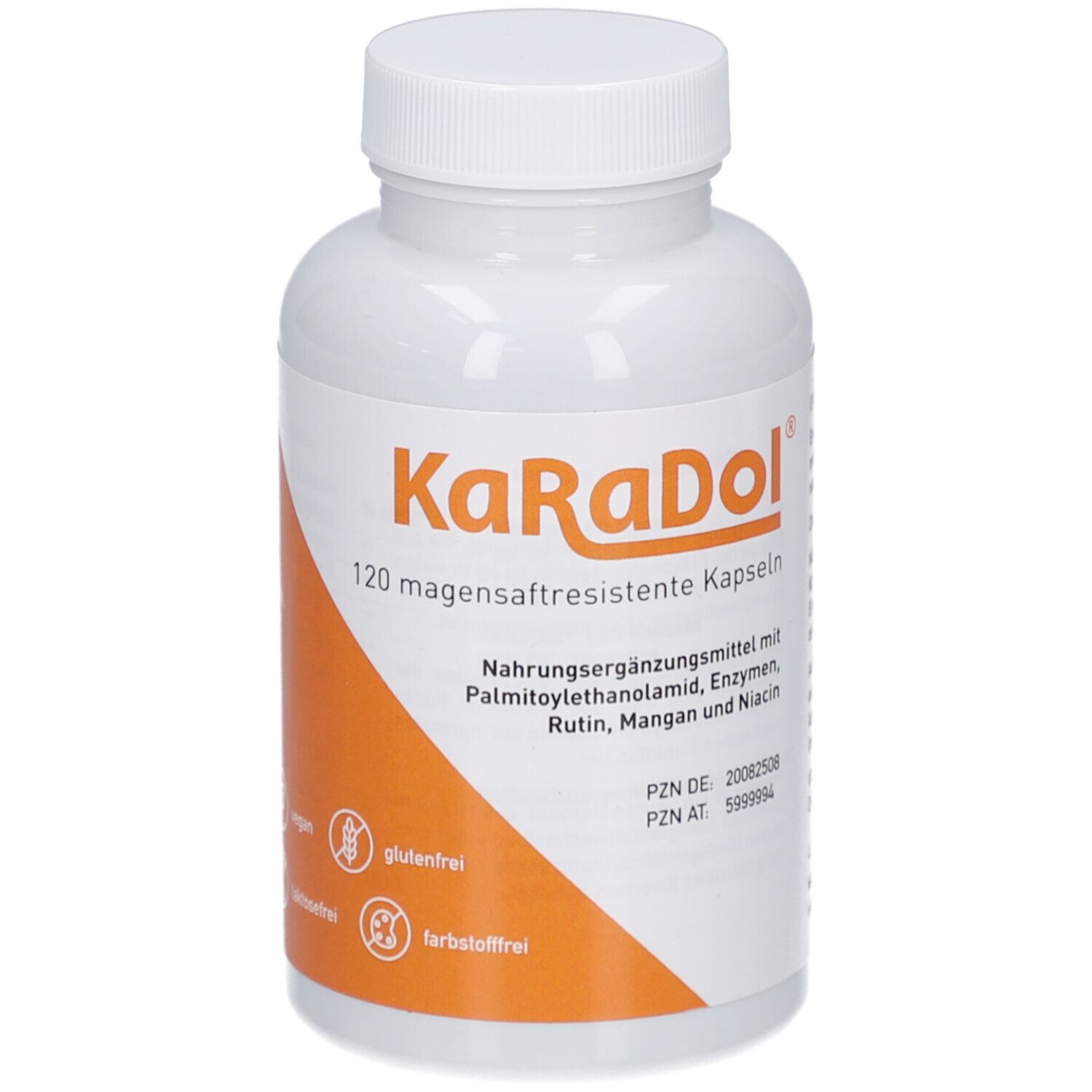 Flacon blanc avec bouchon à vis. Étiquette avec nom du produit et ingrédients. 120 gélules gastro-résistantes.