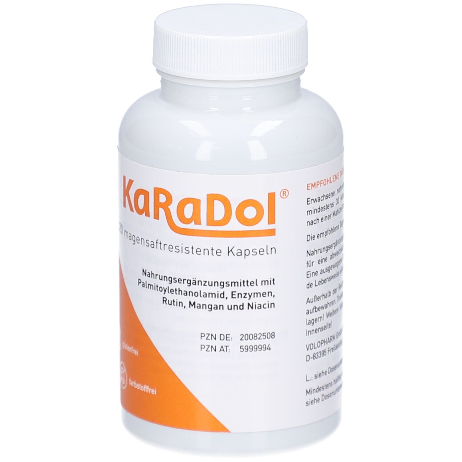 Flacon blanc avec bouchon à vis. Étiquette avec nom du produit, ingrédients et recommandation de dosage.