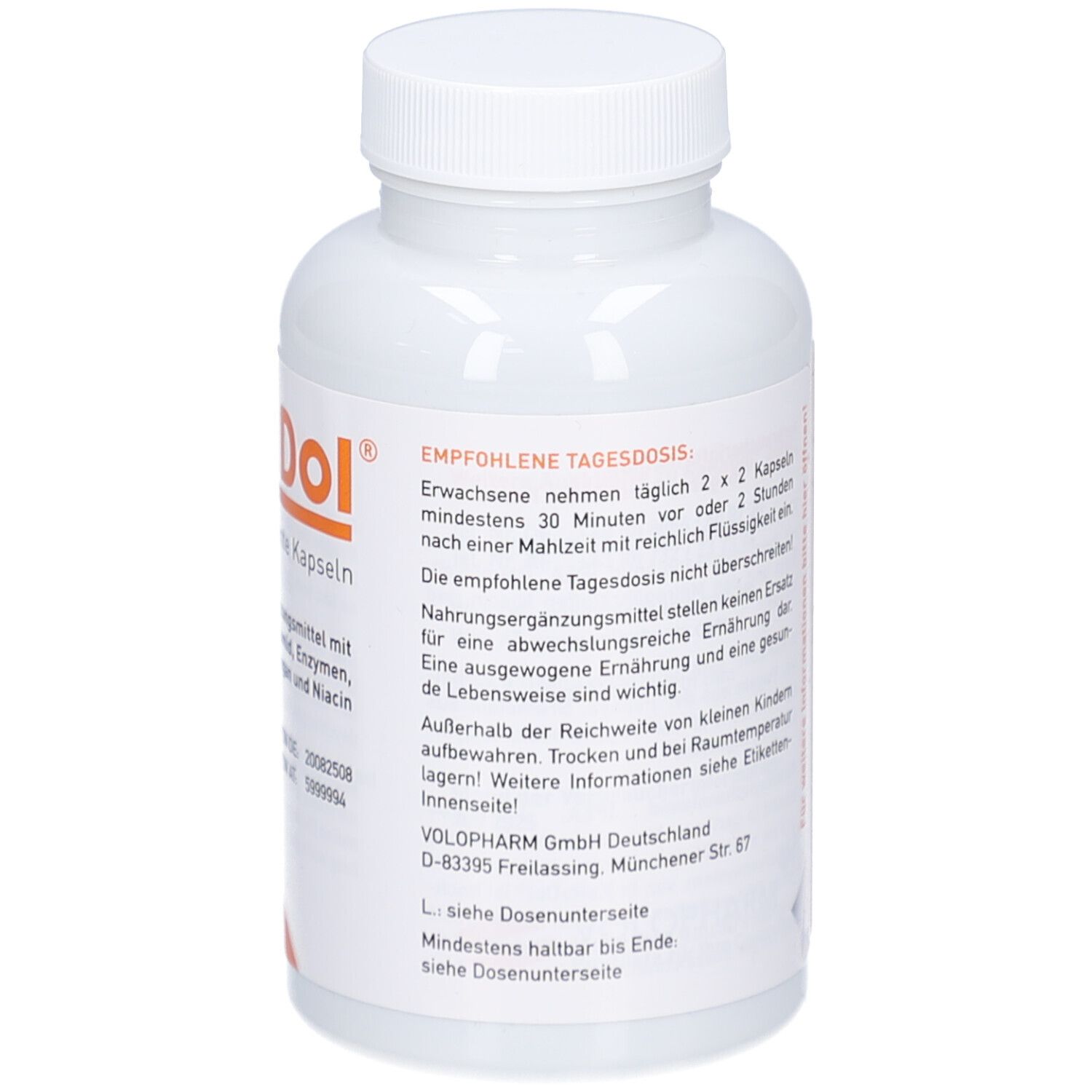 Flacon blanc avec bouchon à vis. Étiquette avec nom du produit, ingrédients et recommandation de dosage.