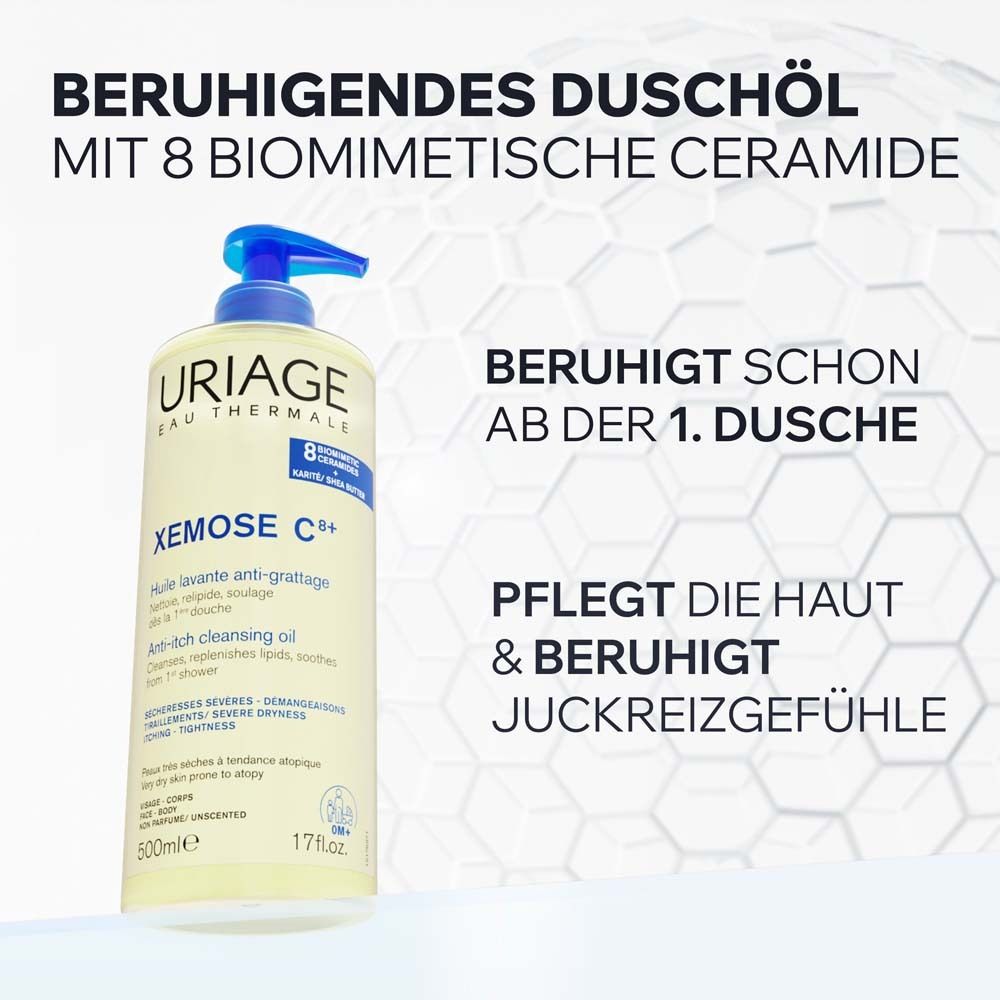 Werbebild mit Uriage Xémose C8+ Duschöl. Text: Beruhigendes Duschöl mit 8 biomimetischen Ceramiden.