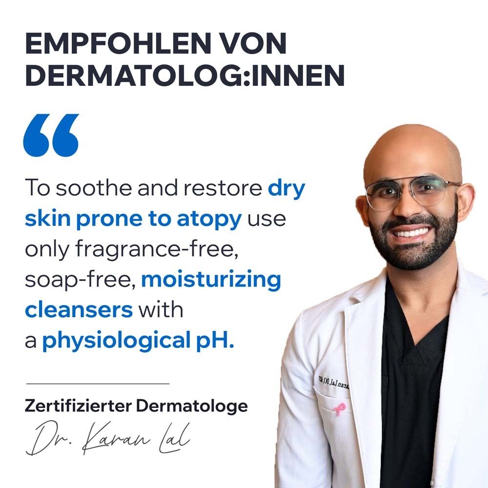 Ein Mann im weißen Kittel spricht. Text: Empfohlen von Dermatolog:innen. Zitat über die Verwendung von Reinigungsmitteln.