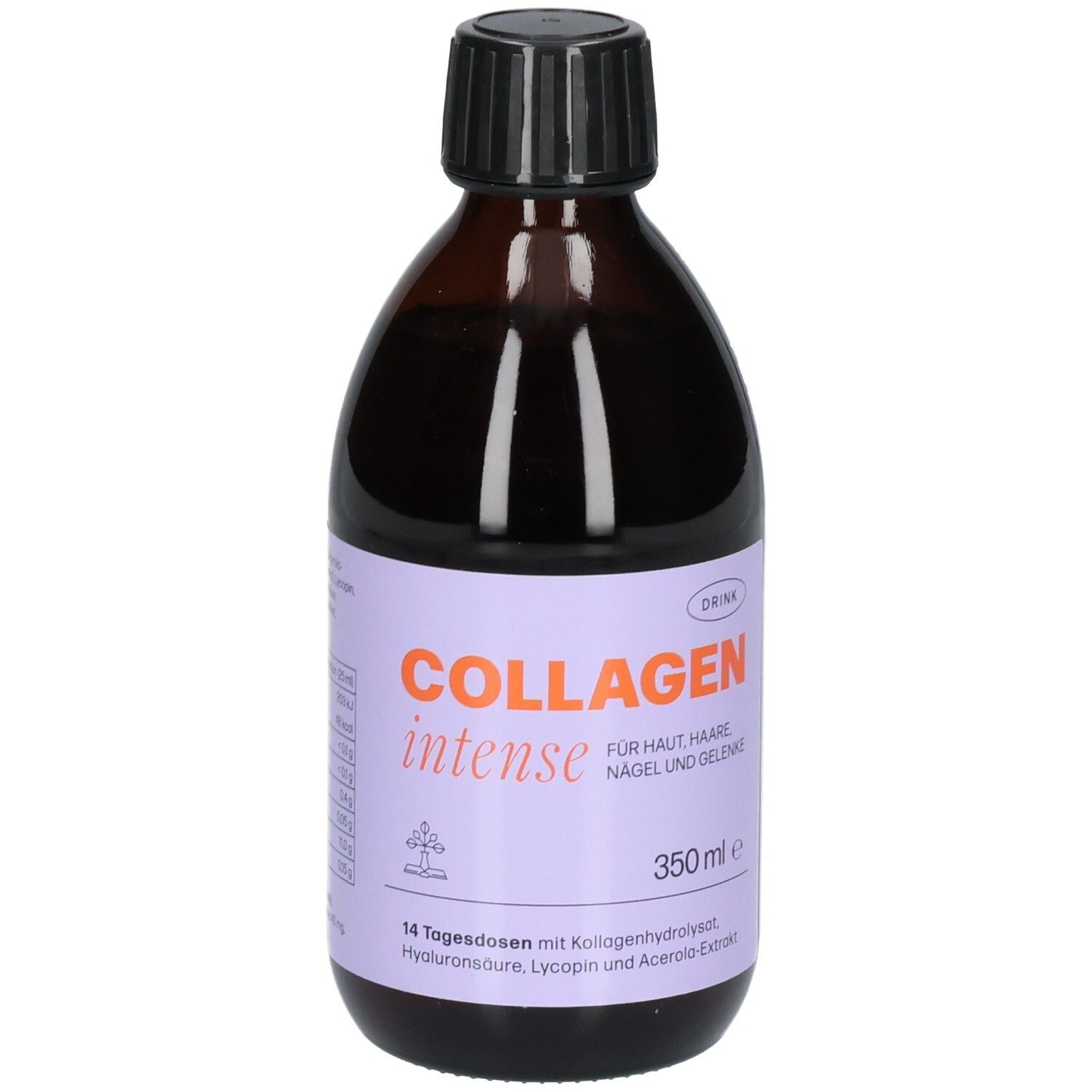 Bouteille marron avec bouchon noir. Étiquette avec "COLLAGEN intense" et autres informations. 350 ml.