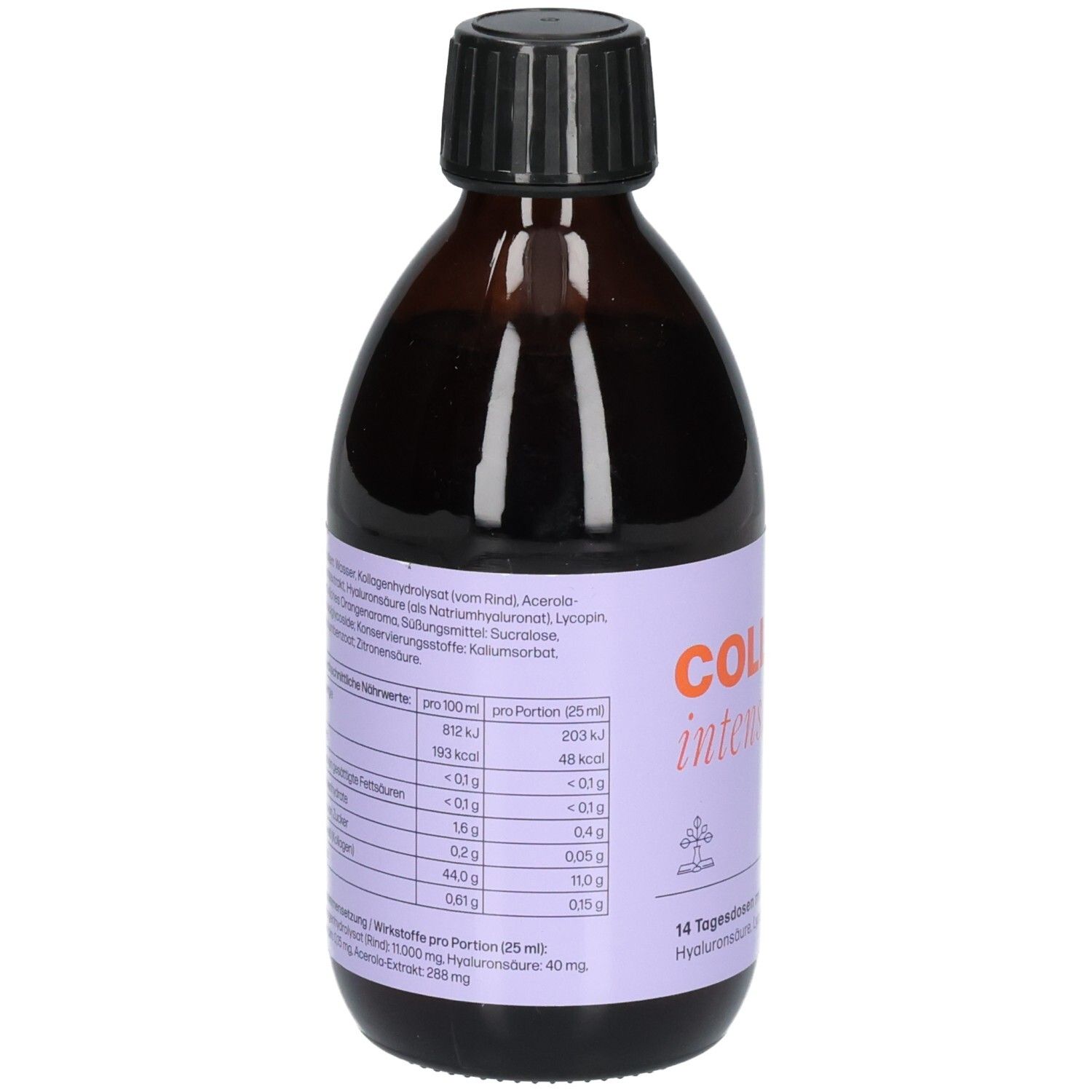 Bouteille marron avec bouchon noir. Étiquette avec informations nutritionnelles. Informations pour 100 ml et par portion.