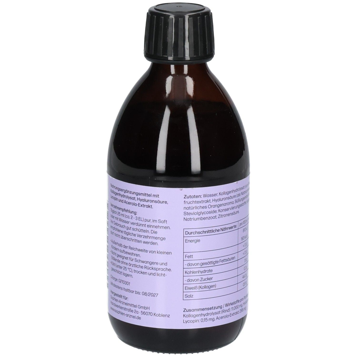 Bouteille marron avec bouchon noir. Étiquette avec ingrédients et recommandations d'utilisation. Informations de stockage.