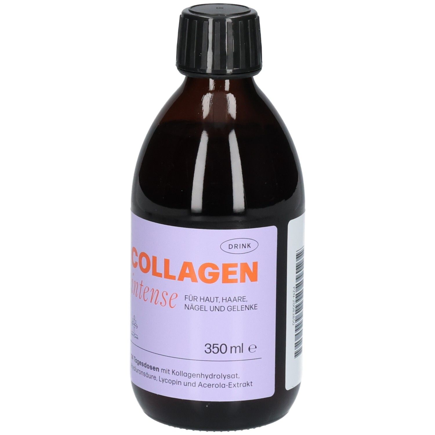 Bouteille marron avec bouchon noir. Étiquette avec "COLLAGEN intense" et autres informations. 350 ml.