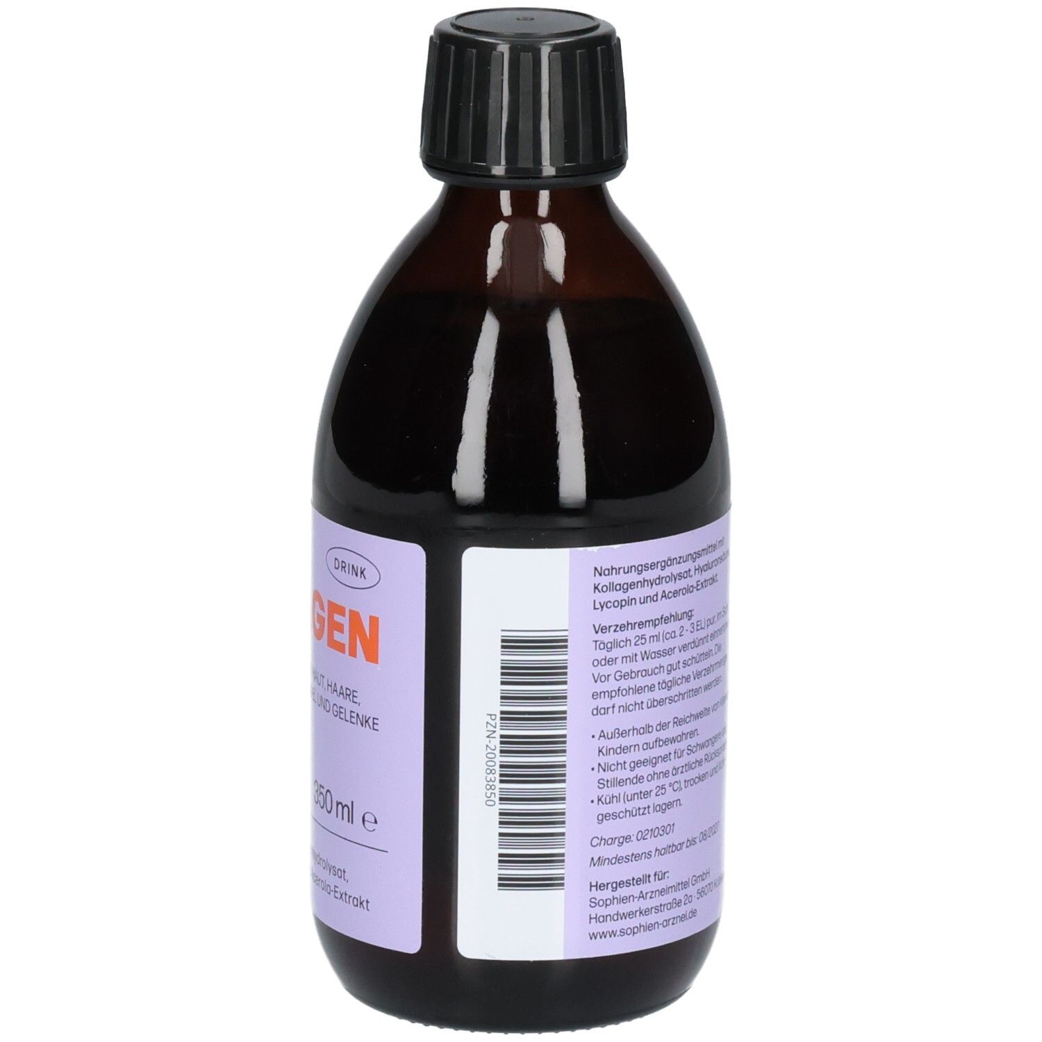 Bouteille marron avec bouchon noir. Étiquette avec "COLLAGEN intense" et autres informations. 350 ml.