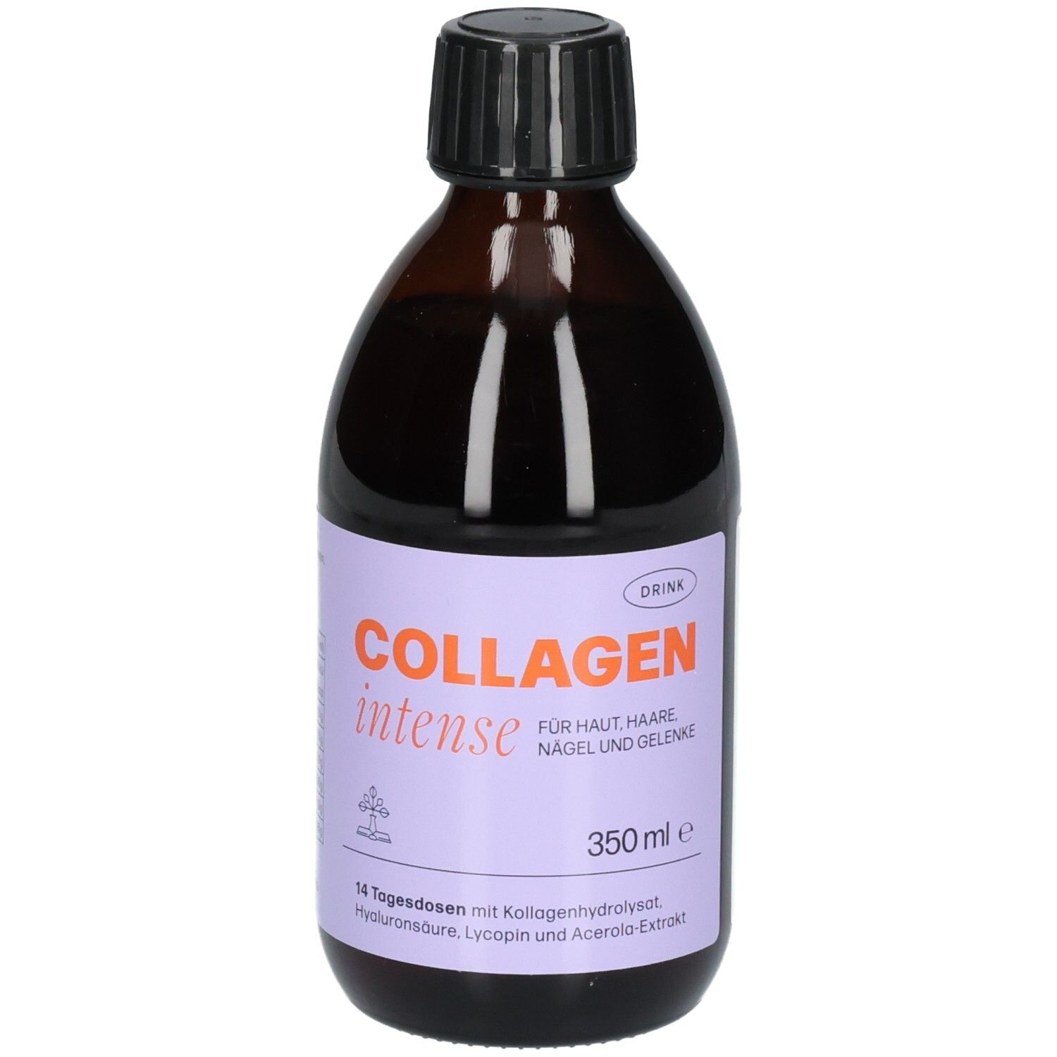 Bouteille marron avec bouchon noir. Étiquette avec "COLLAGEN intense" et autres informations. 350 ml.