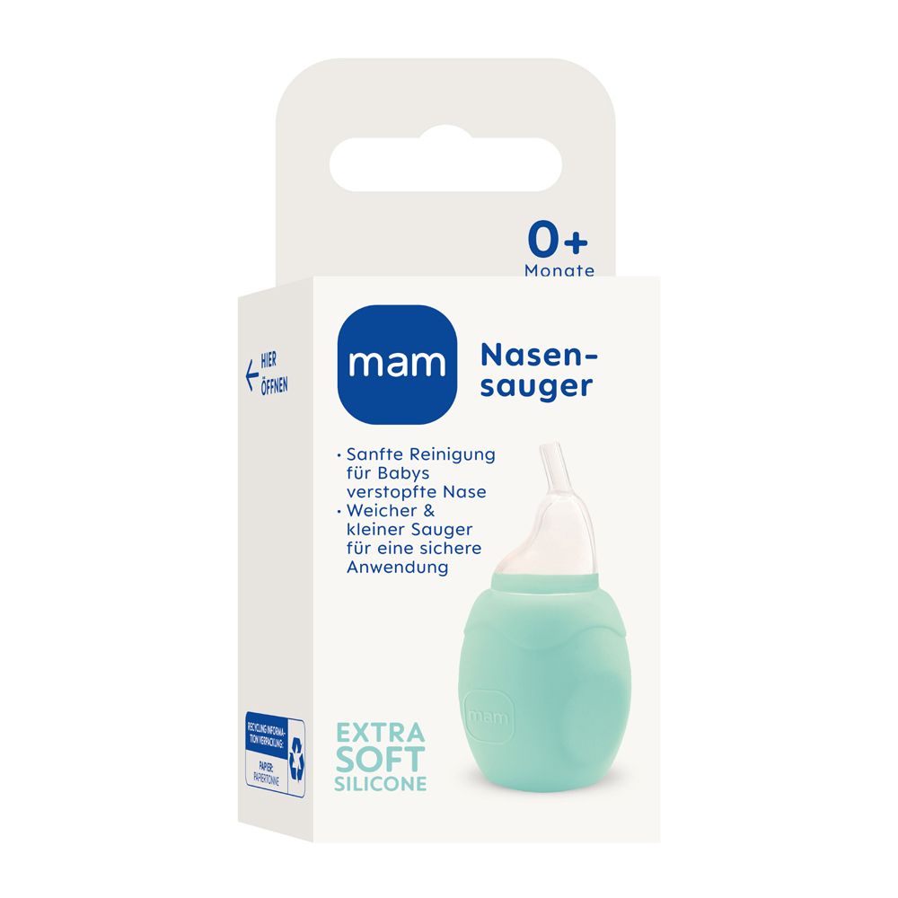 MAM Nasensauger-Verpackung mit mintgrünem Sauger, für Babys ab 0 Monaten.