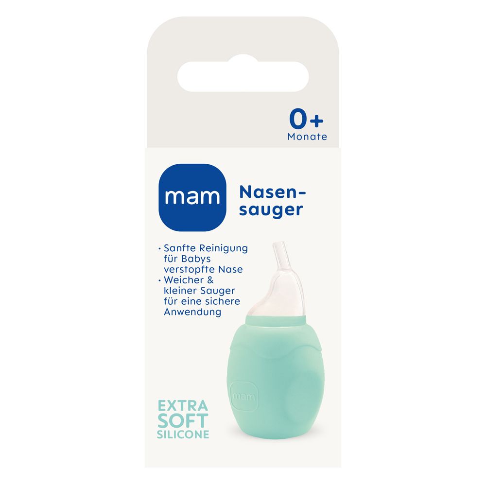 MAM Nasensauger-Verpackung mit mintgrünem Sauger, für Babys ab 0 Monaten.