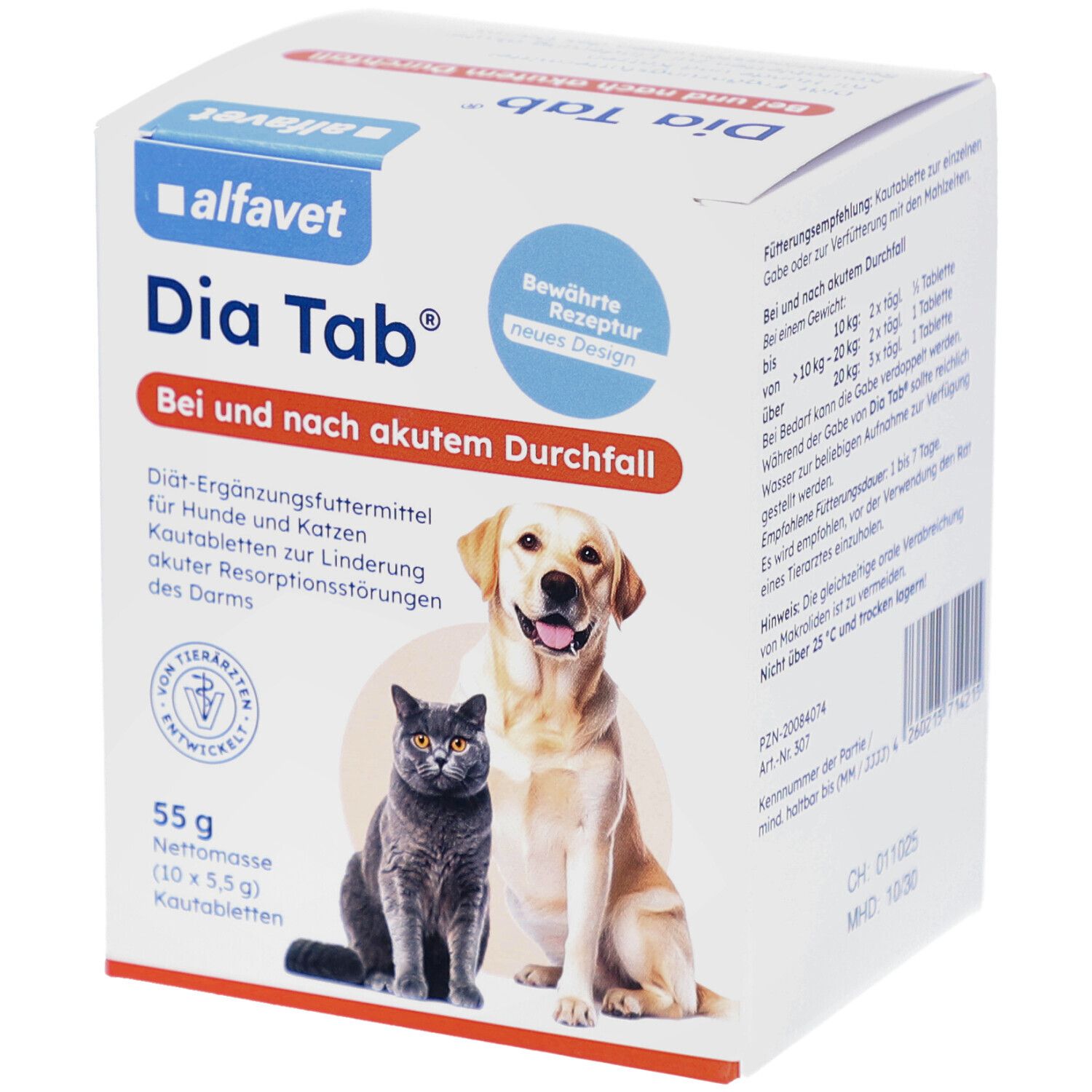 Boîte Alfavet Dia Tab®. Nom du produit, logo, chat et chien. Paquet de 55g. Texte: En cas de diarrhée aiguë et après.