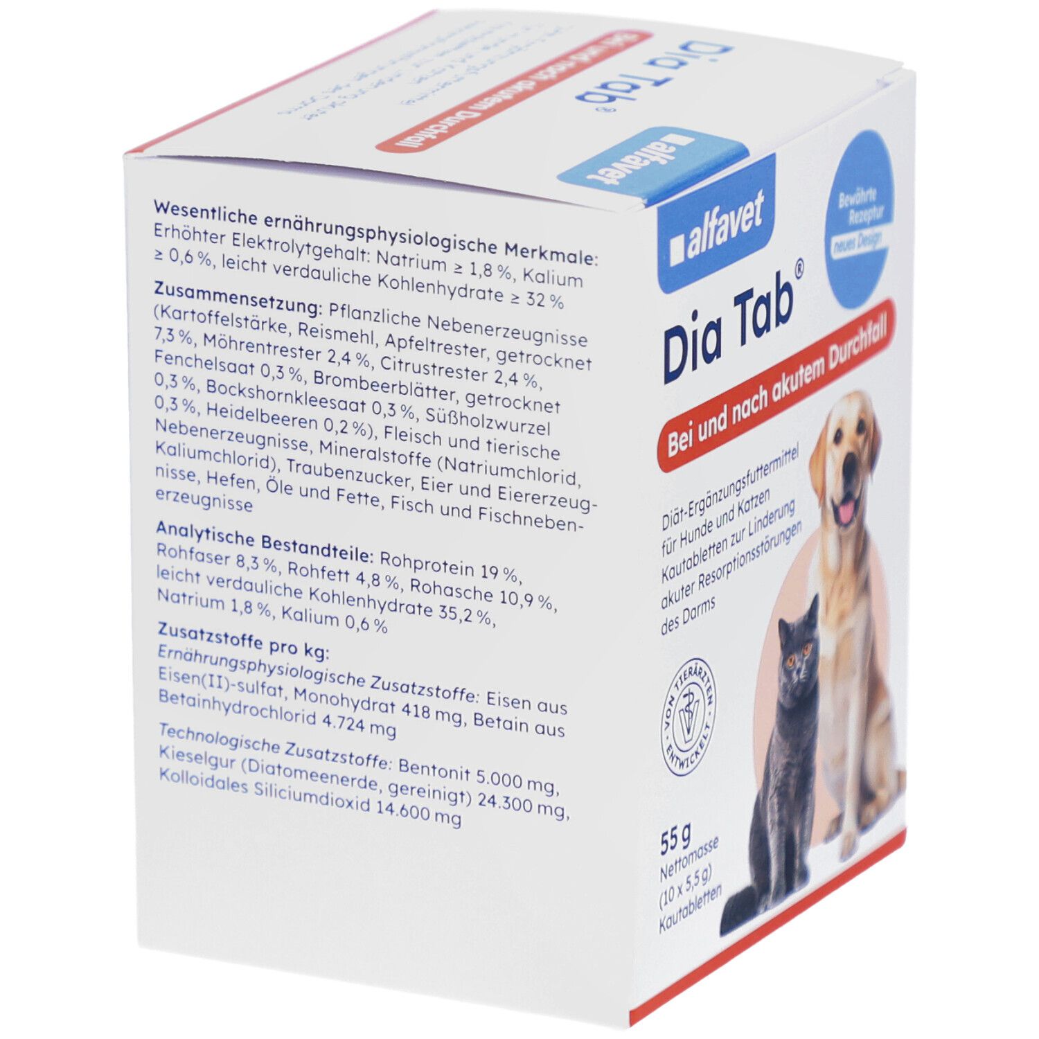 Boîte Alfavet Dia Tab®. Dos avec ingrédients et informations nutritionnelles. Logo Alfavet. Texte: En cas de diarrhée aiguë et après.