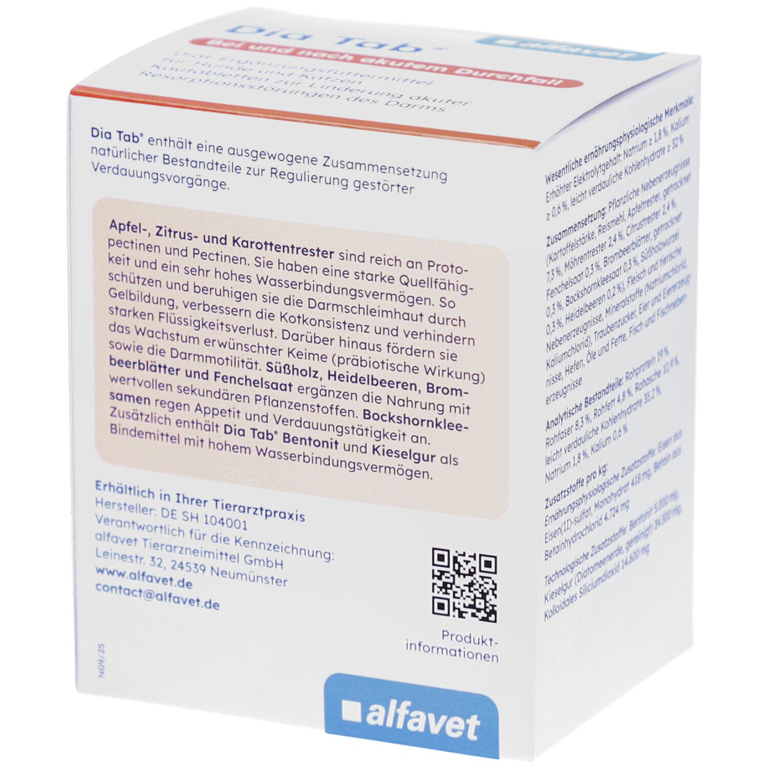 Boîte Alfavet Dia Tab®. Côté avec ingrédients et informations fabricant. Logo Alfavet. Texte: En cas de diarrhée aiguë et après.