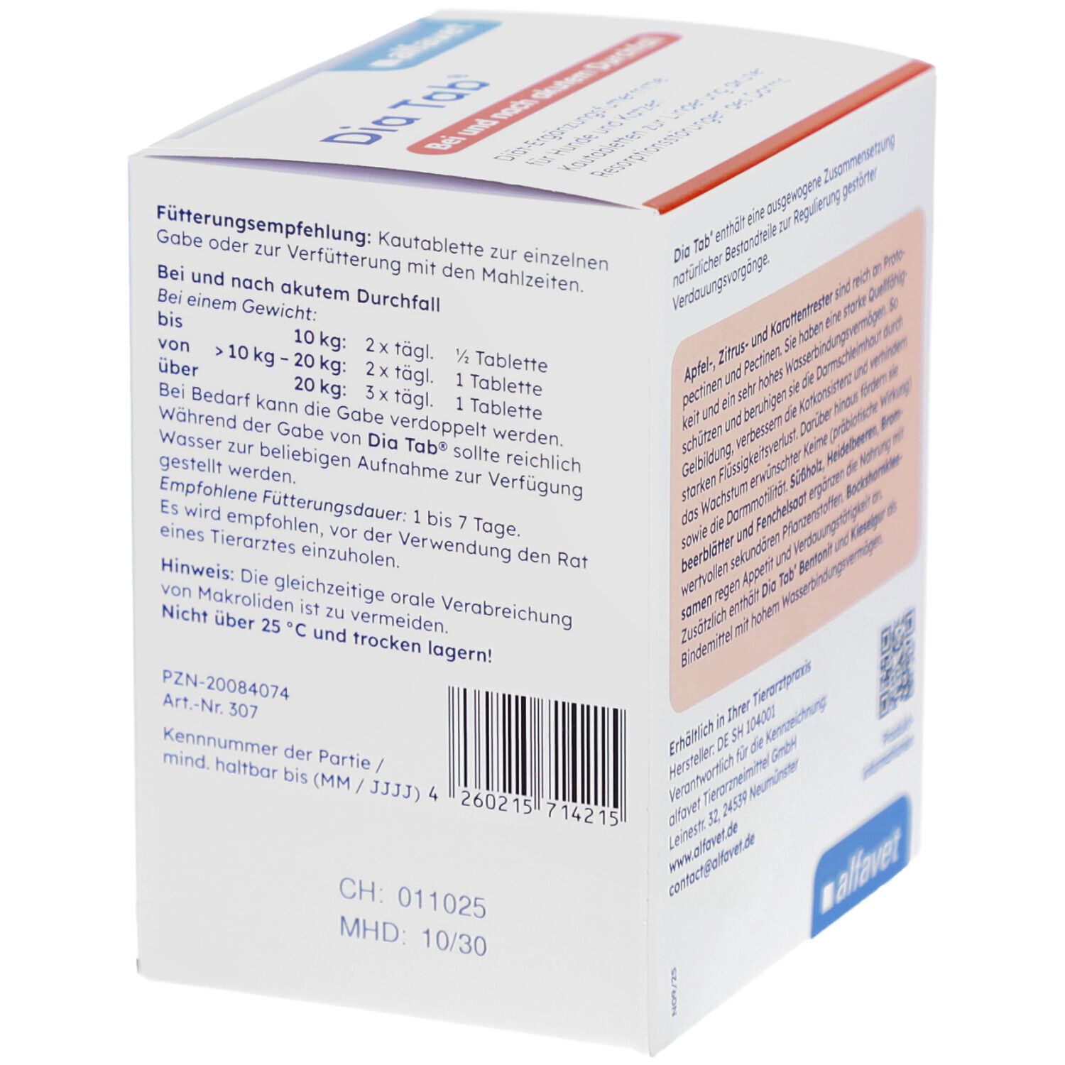 Boîte Alfavet Dia Tab®. Côté avec recommandations d'alimentation et autres informations. Logo Alfavet. Texte: En cas de diarrhée aiguë et après.