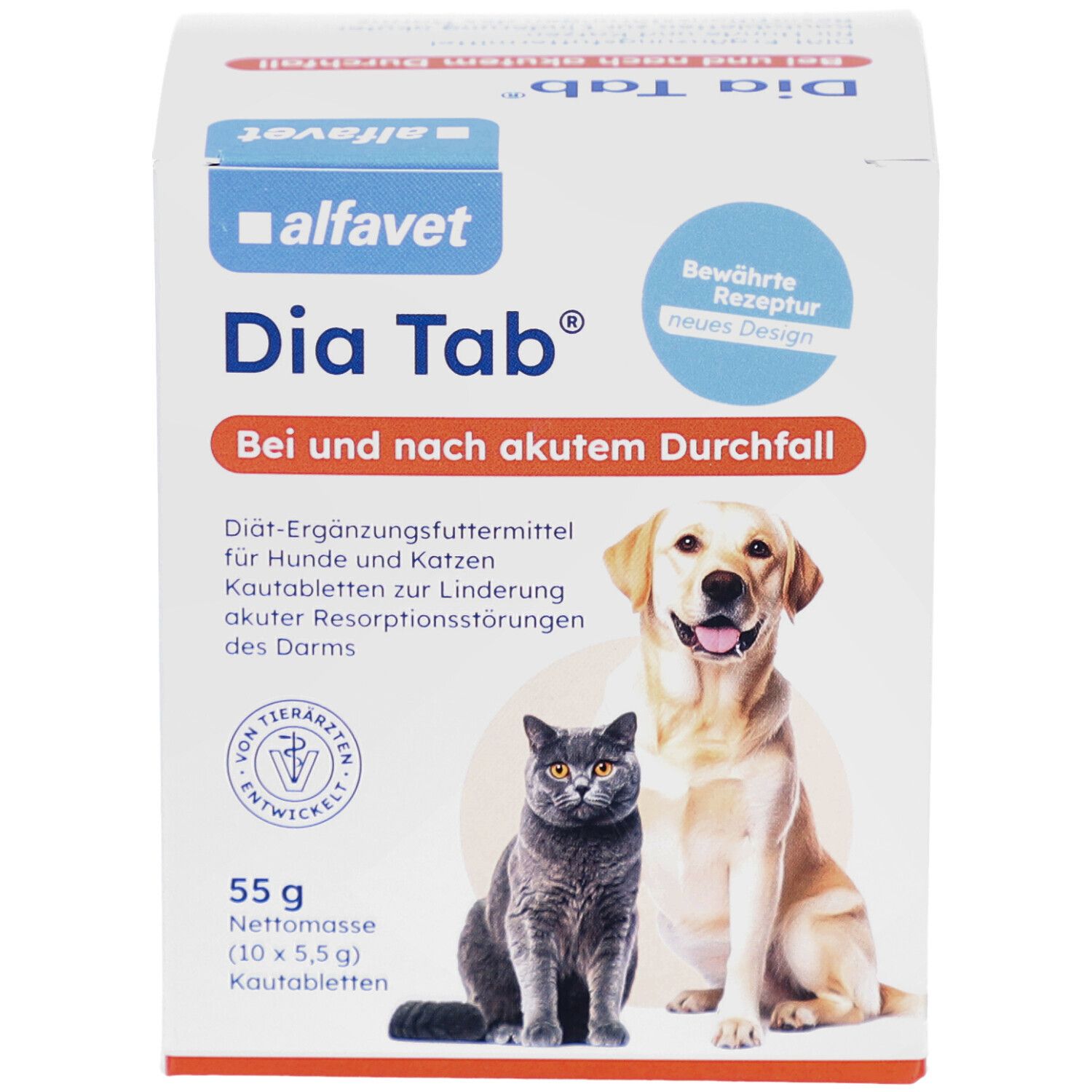 Boîte Alfavet Dia Tab®. Nom du produit, logo, chat et chien. Paquet de 55g. Texte: En cas de diarrhée aiguë et après.