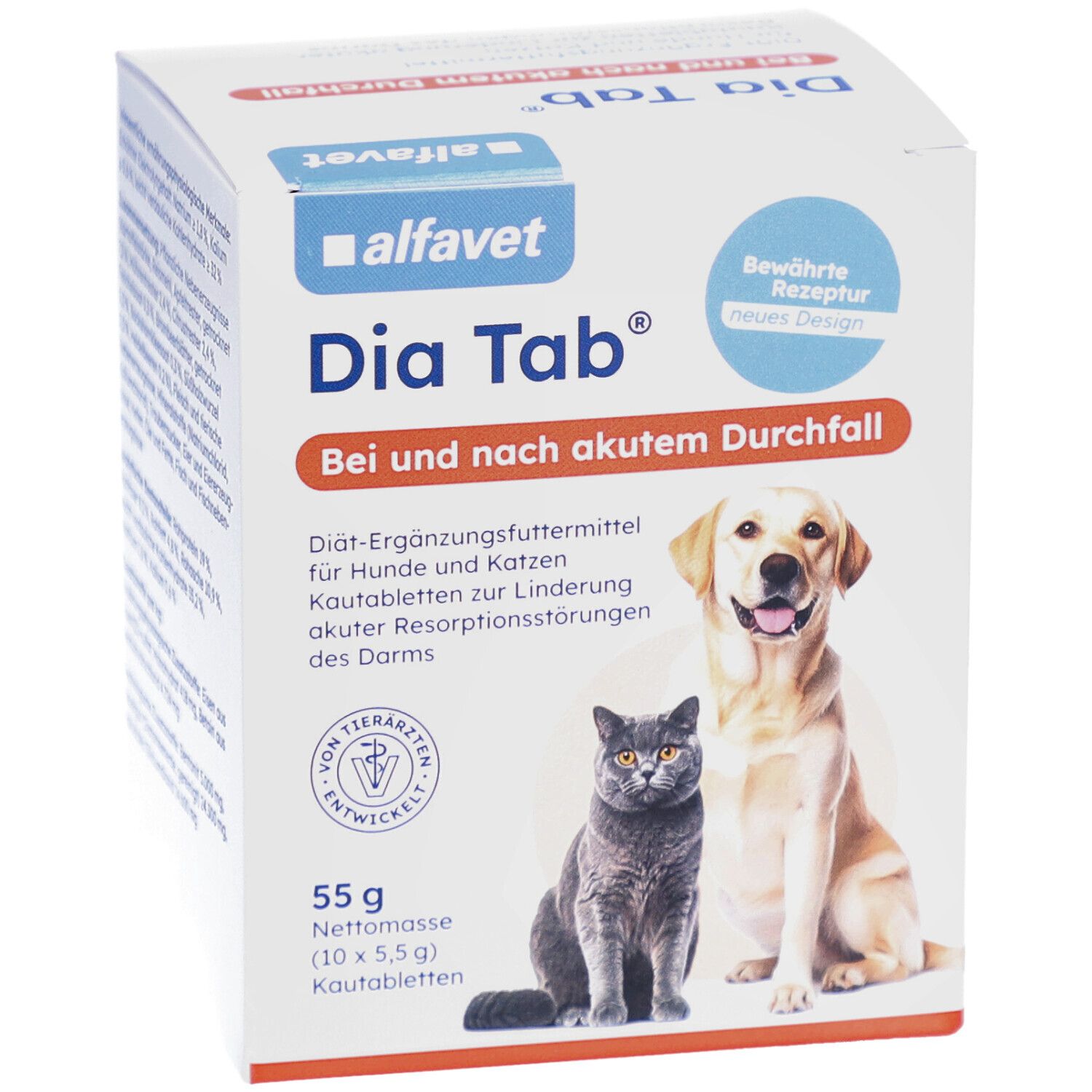 Boîte Alfavet Dia Tab®. Nom du produit, logo, chat et chien. Paquet de 55g. Texte: En cas de diarrhée aiguë et après.