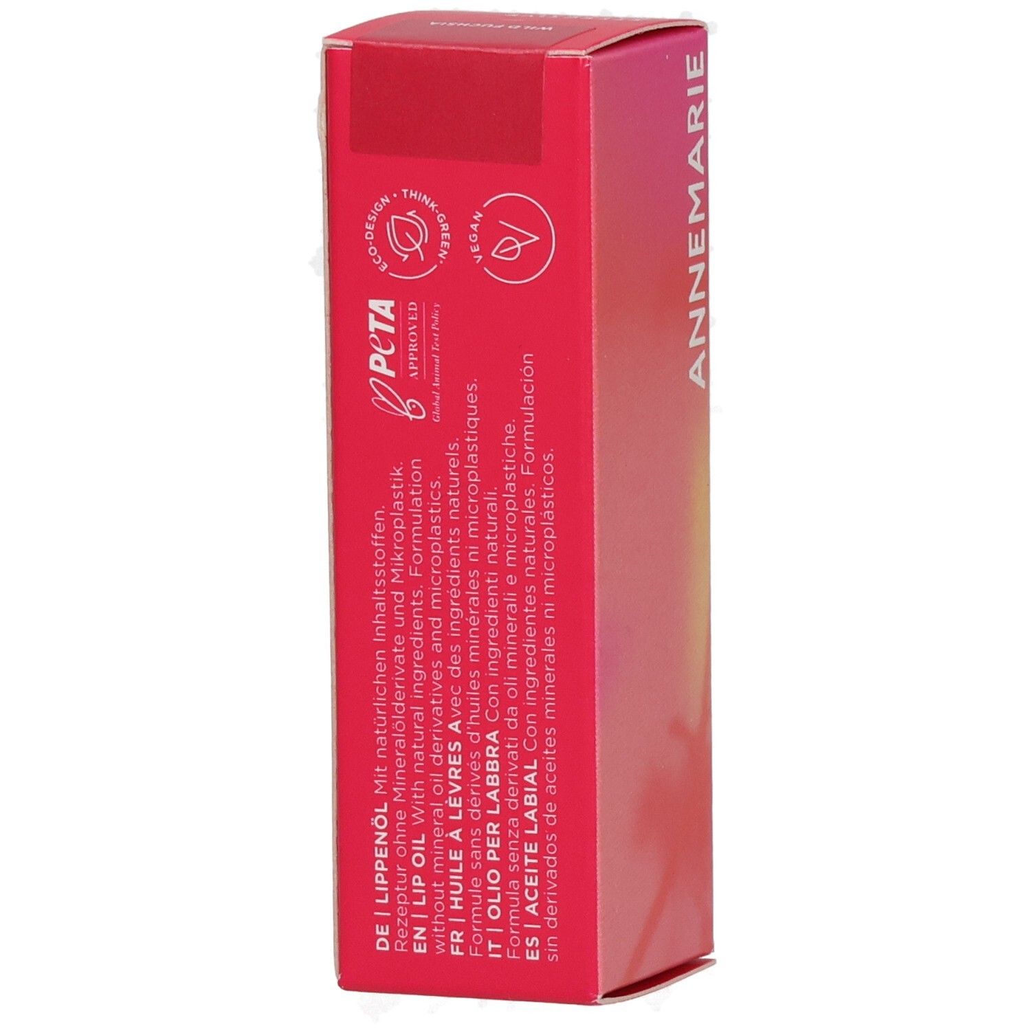 Emballage ANNEMARIE BÖRLIND Lip Oil Wild Fuchsia avec sceau PETA et liste des ingrédients.