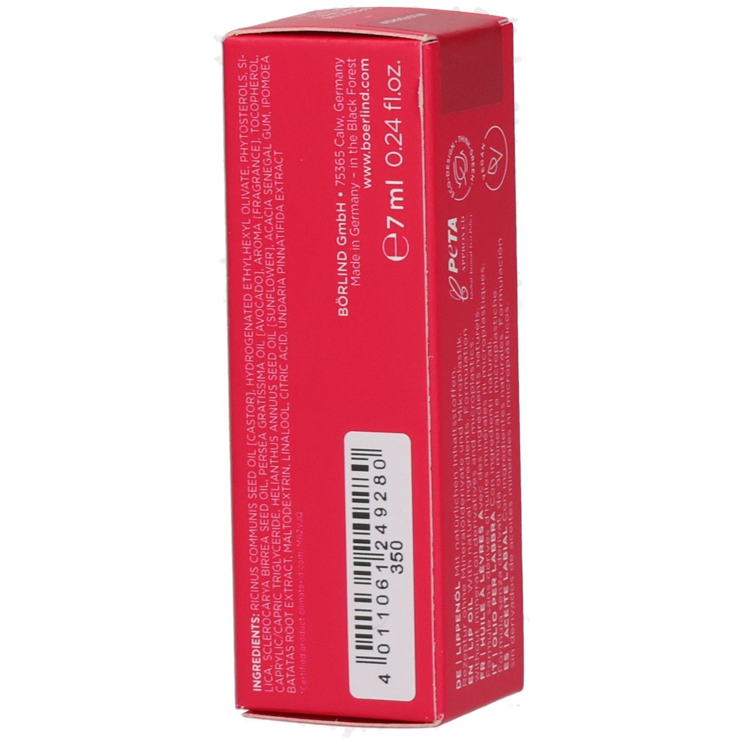 Emballage ANNEMARIE BÖRLIND Lip Oil Wild Fuchsia avec ingrédients, code-barres et indication 7ml.