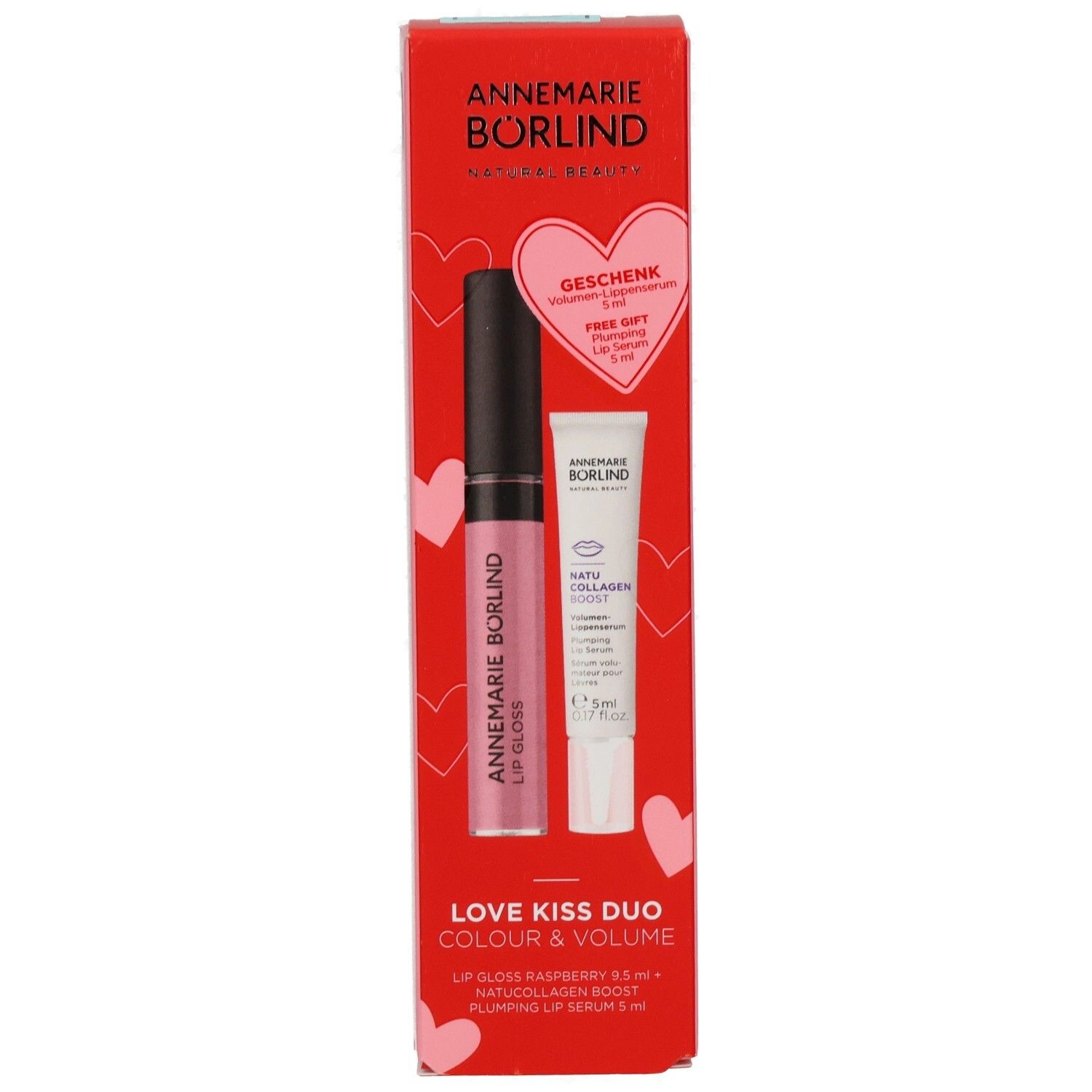 ANNEMARIE BÖRLIND Love Kiss Duo : Façade de l'emballage avec gloss et sérum pour lèvres.