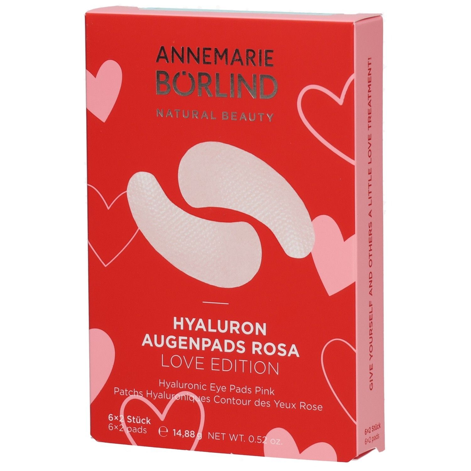 Rote Verpackung mit Annemarie Börlind Schriftzug, Hyaluron Augenpads Rosa Love Edition und Herz-Motiven. Enthält 6x2 Pads.