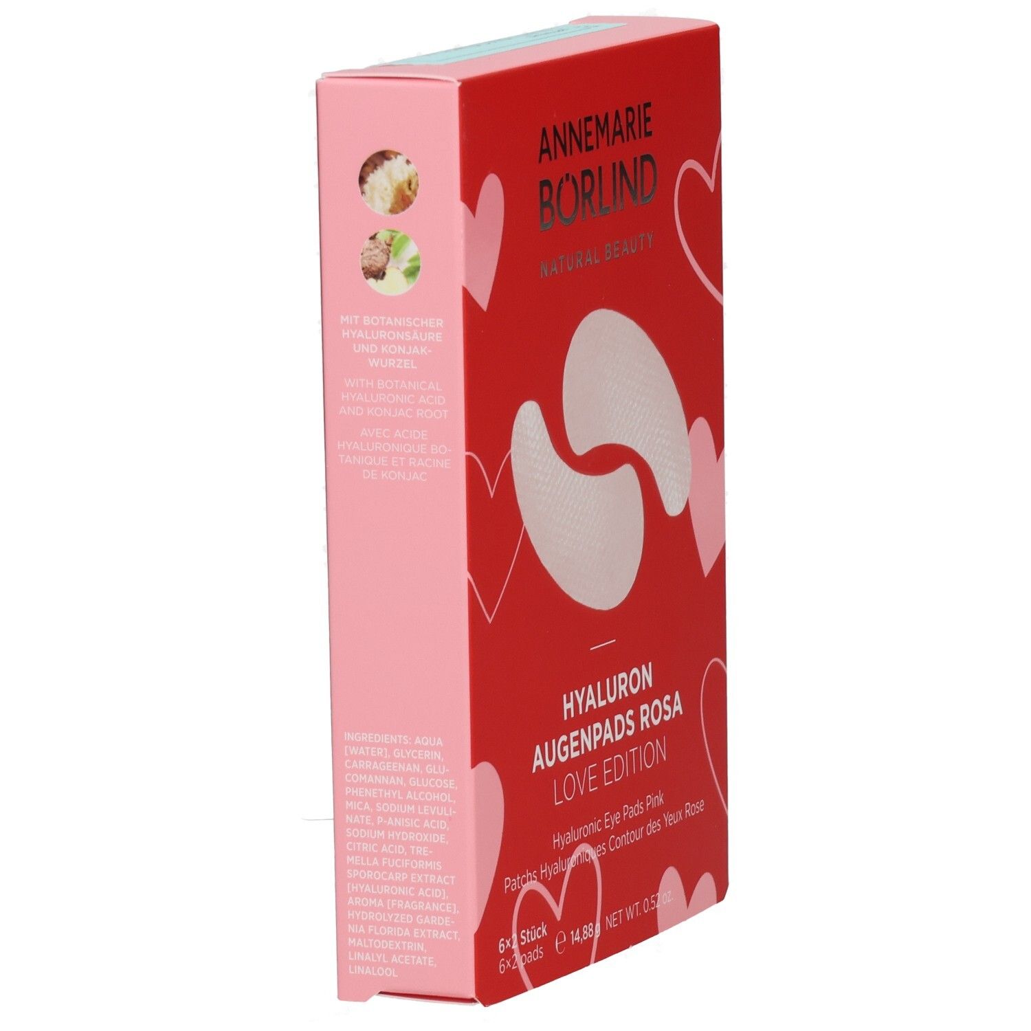 Annemarie Börlind Hyaluron Augenpads Rosa Love Edition Verpackung mit Herzmotiven.