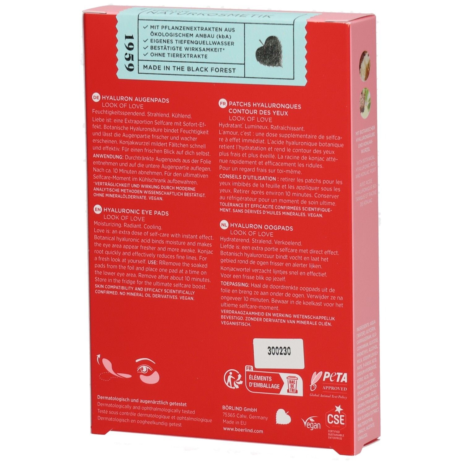 Rote Box mit Hyaluron-Augenpads, Produktinformationen und Siegeln.