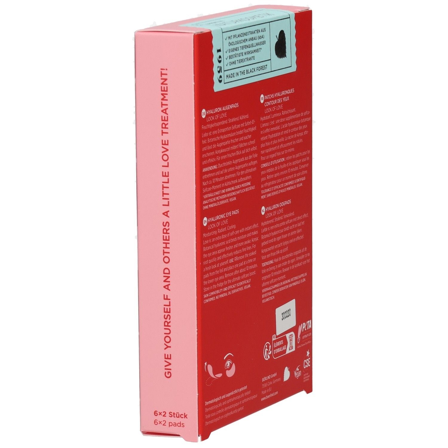 Rote Schachtel mit Text 'GIVE YOURSELF AND OTHERS A LITTLE LOVE TREATMENT!' und Produktinformationen. Enthält 6x2 Pads.