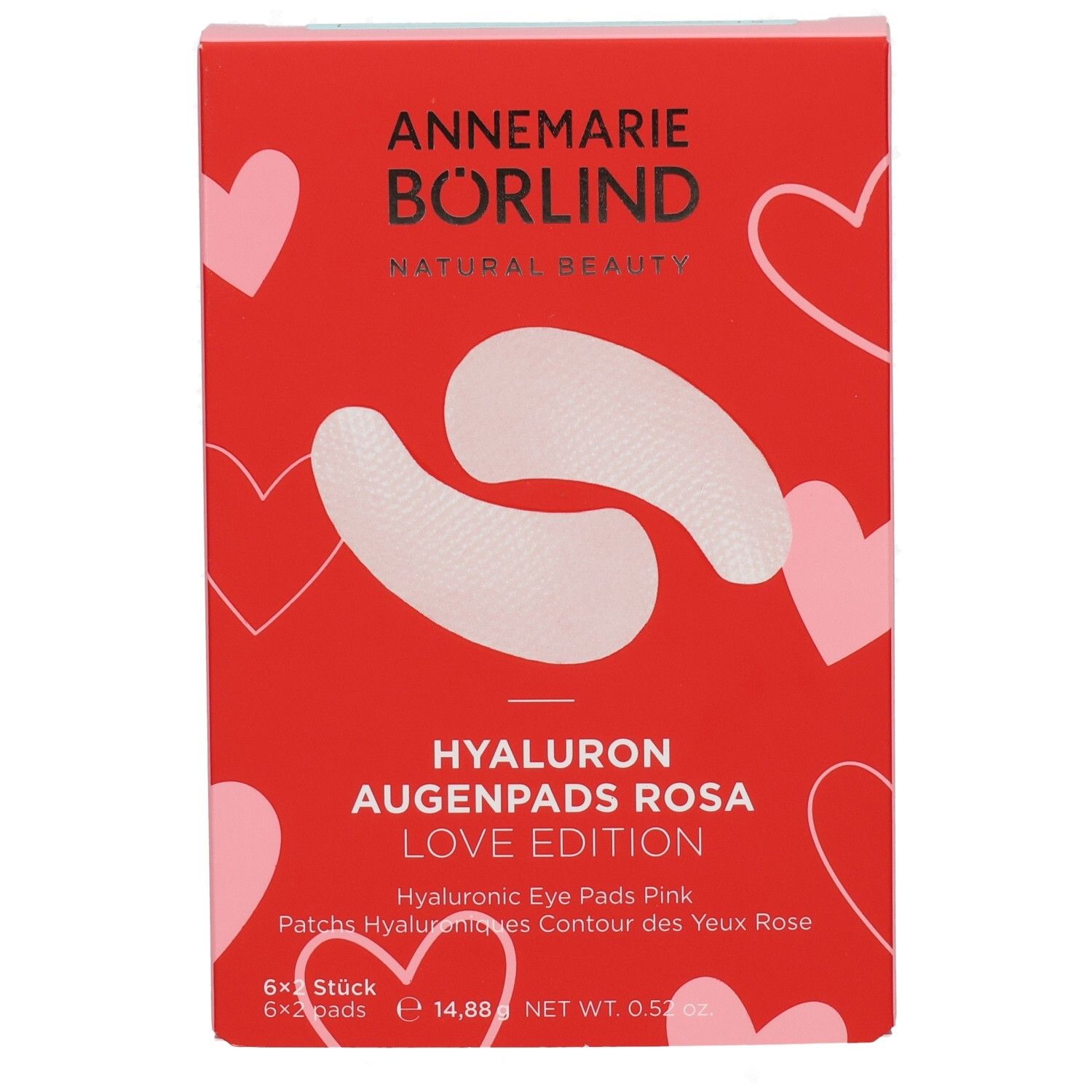 Annemarie Börlind Hyaluron Augenpads Rosa Love Edition. Rote Verpackung mit Herzen, zeigt zwei weiße Augenpads. Enthält 6x2 Pads.