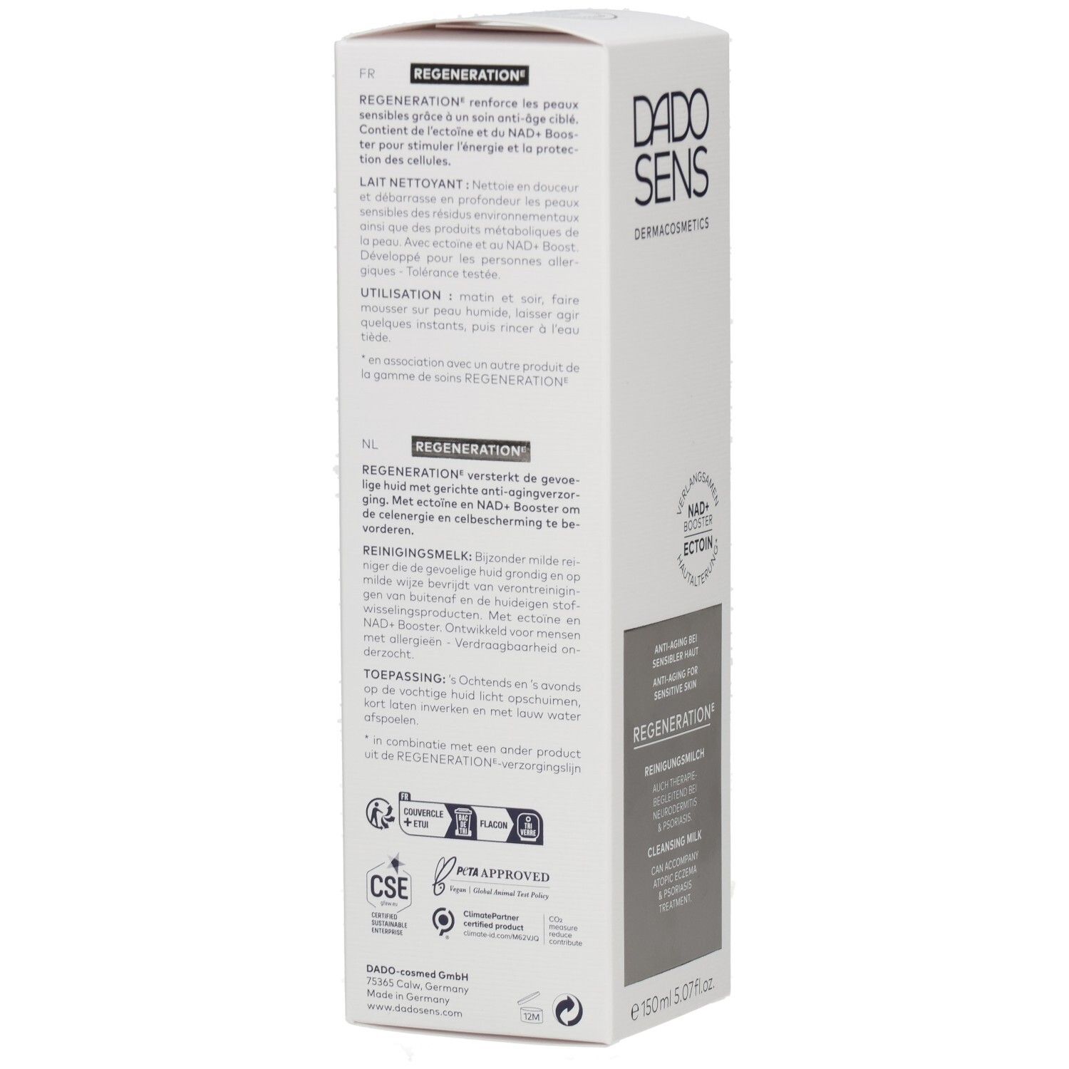 Rückseite der DADOSENS REGENERATION Reinigungs milch Verpackung mit Anwendungshinweisen und Siegeln.