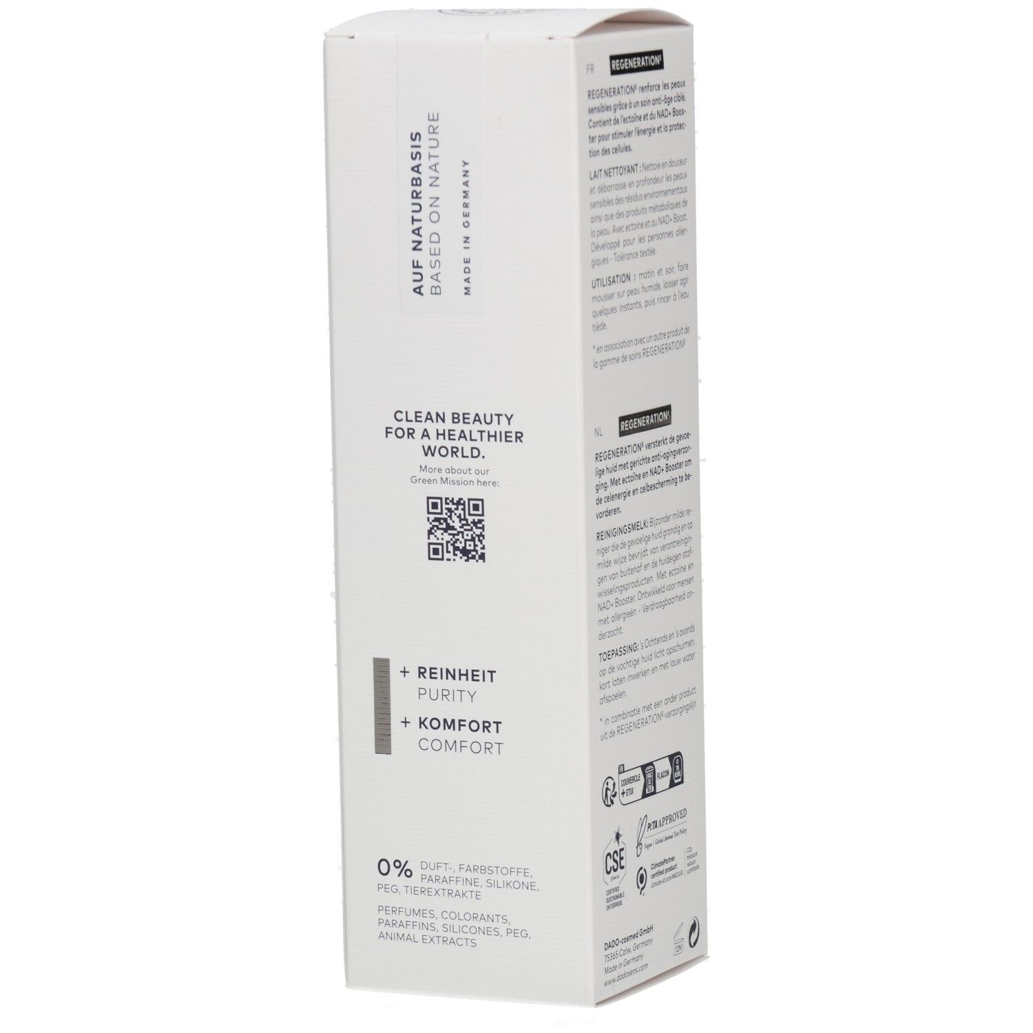 Seite der DADOSENS REGENERATION Reinigungs milch Verpackung mit QR-Code und Produktmerkmalen.