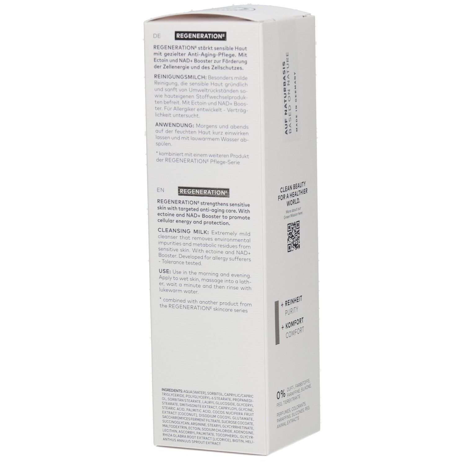 Seite der DADOSENS REGENERATION Reinigungs milch Verpackung mit Inhaltsstoffen und Anwendung.