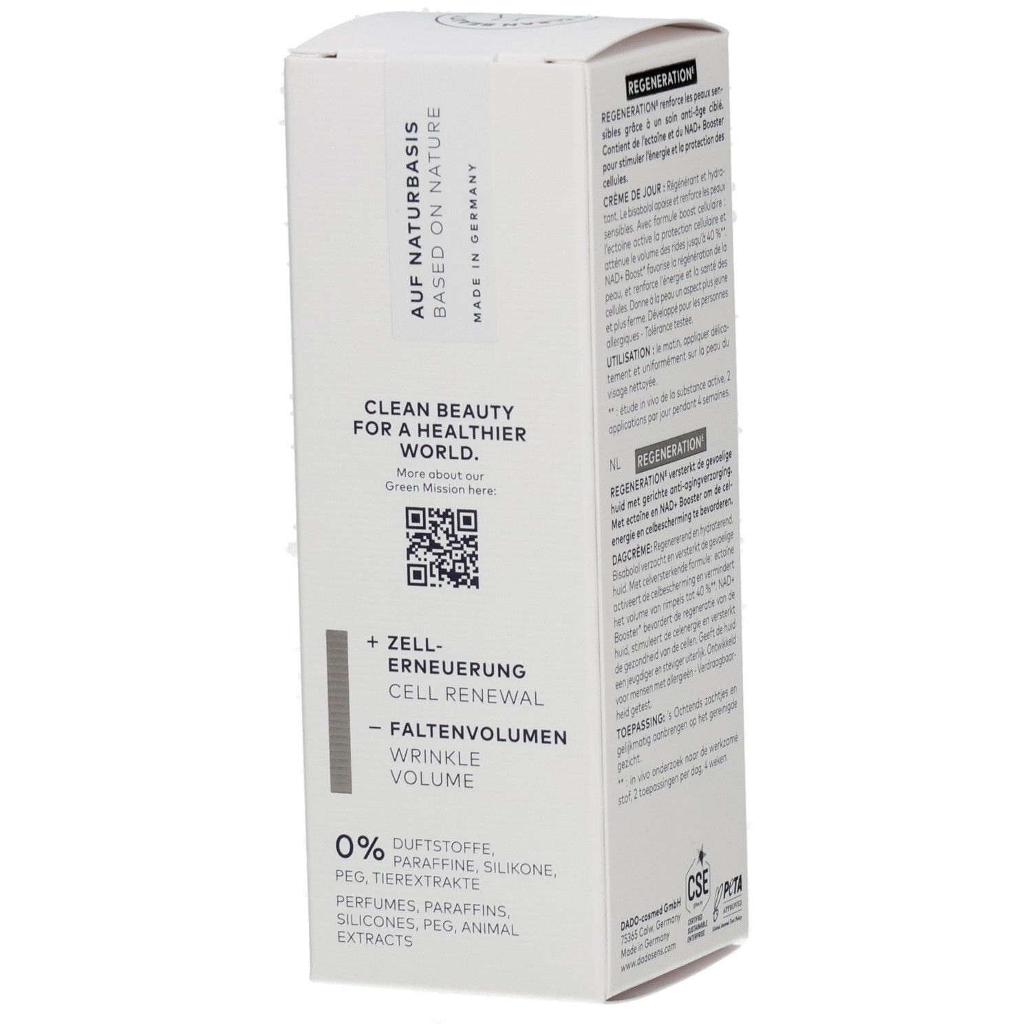 Seite der DADOSENS Regeneration Tagescreme Verpackung mit "Clean Beauty" Hinweis.