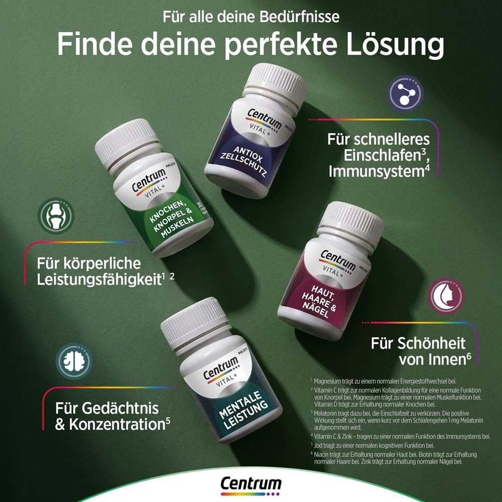 Vier Dosen Centrum Vital+ Kapseln. Text: Für körperliche Leistungsfähigkeit, für Gedächtnis & Konzentration, etc.