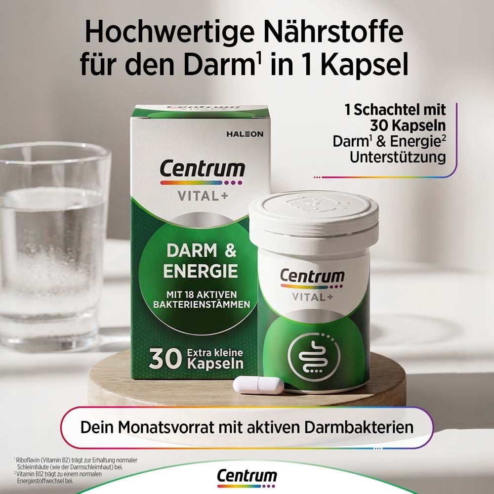 Verpackung und Dose mit Kapseln. Text: Darm & Energie, 30 Kapseln. Text: Dein Monatsvorrat mit aktiven Darmbakterien.