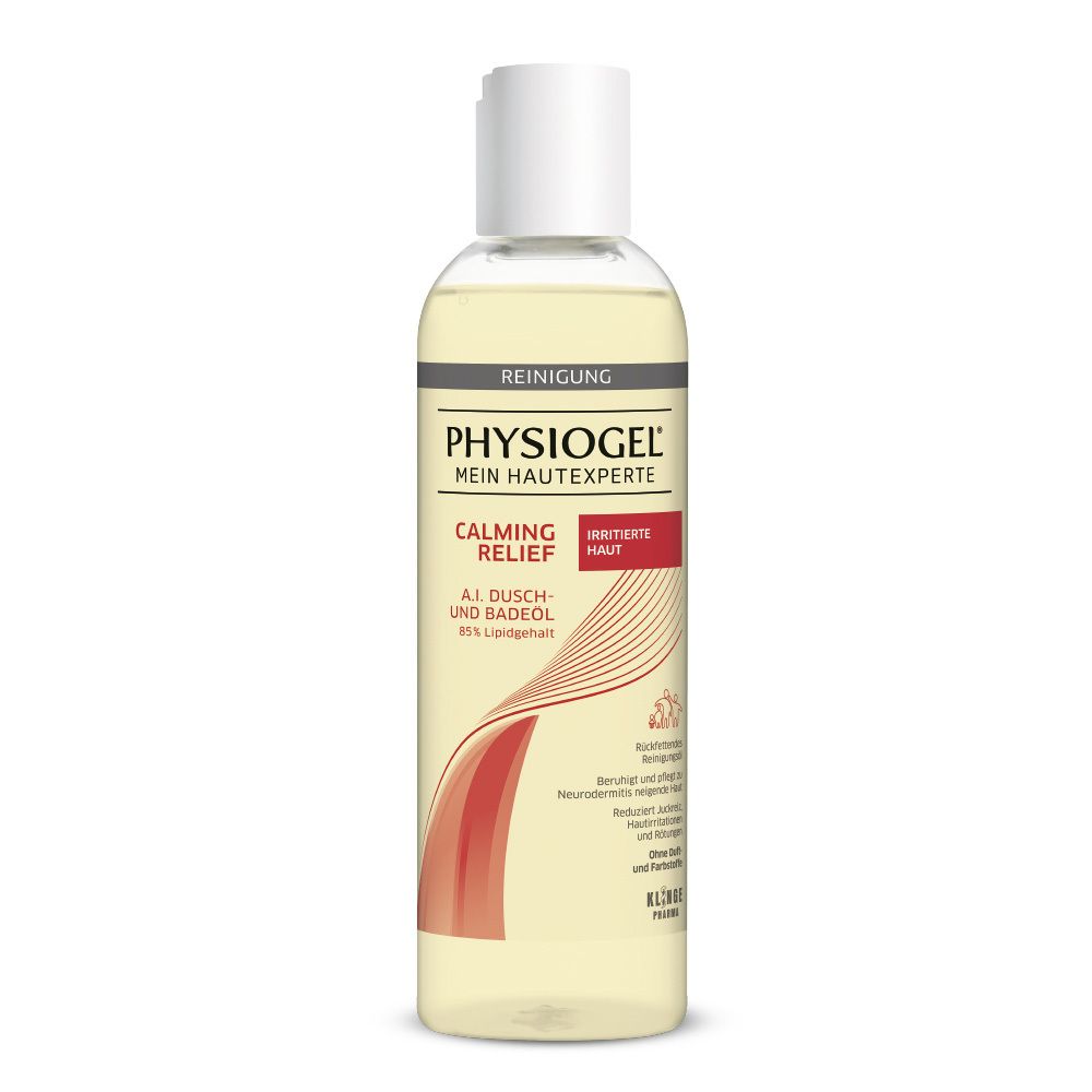 PHYSIOGEL® Calming Relief A.I. Huile de douche et bain. Bouteille transparente, bouchon blanc. Étiquette avec informations.