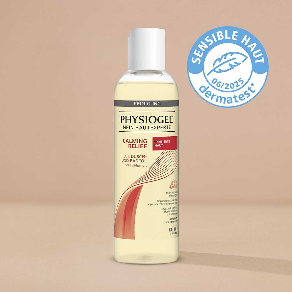 PHYSIOGEL® Calming Relief A.I. Huile de douche et bain. Flacon avec label Dermatest. Pour peaux sensibles.