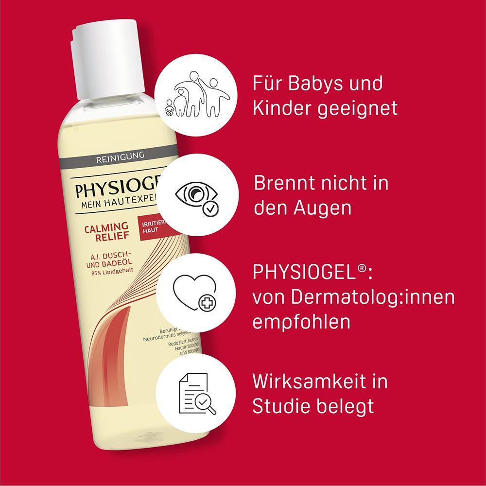 PHYSIOGEL® Calming Relief A.I. Huile de douche et bain. Convient aux bébés et enfants. Recommandé par les dermatologues.