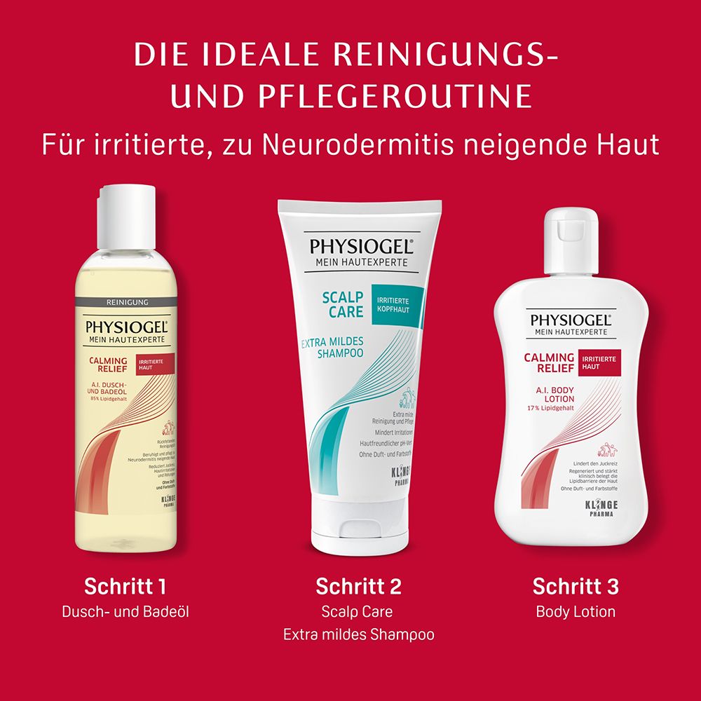 Gamme de produits pour peaux irritées, sujettes à la dermatite atopique. Huile, shampooing, lotion corporelle.