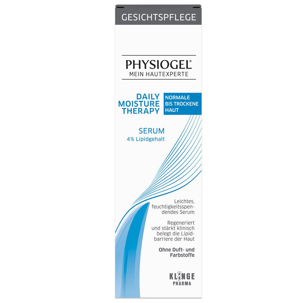 Flacon de sérum blanc. Texte : PHYSIOGEL, Daily Moisture Therapy, Sérum. Pour peaux normales à sèches.