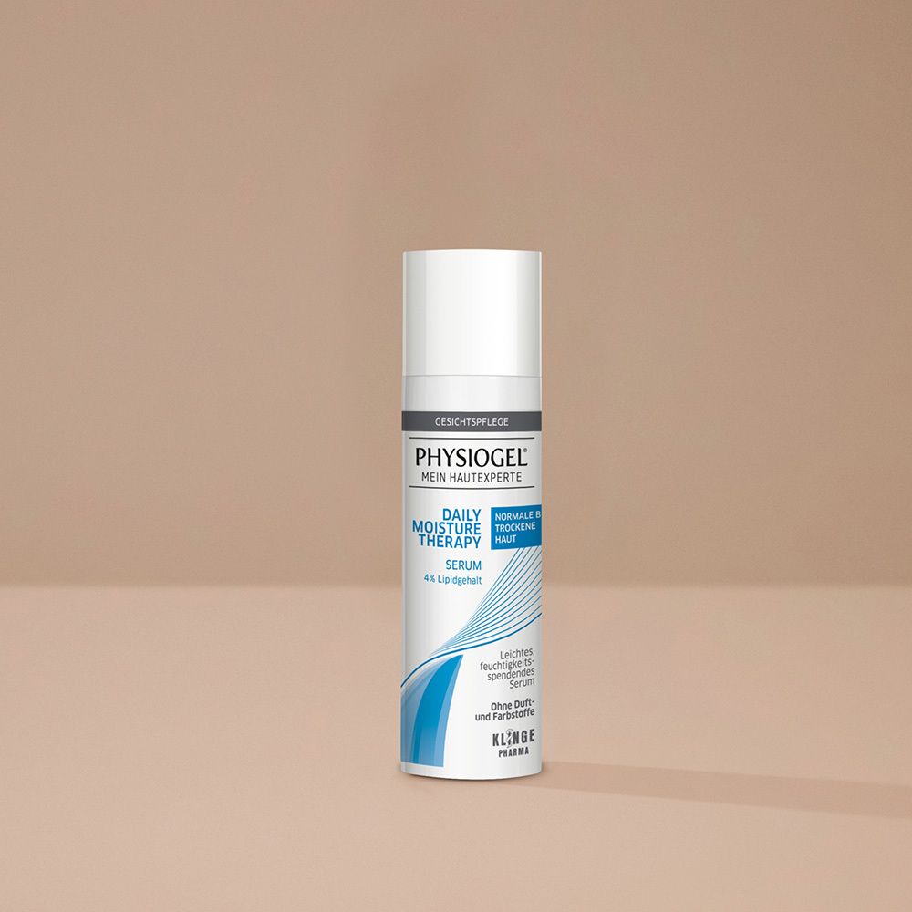 Flacon de sérum blanc. Texte : PHYSIOGEL, Daily Moisture Therapy, Sérum. Pour peaux normales à sèches.