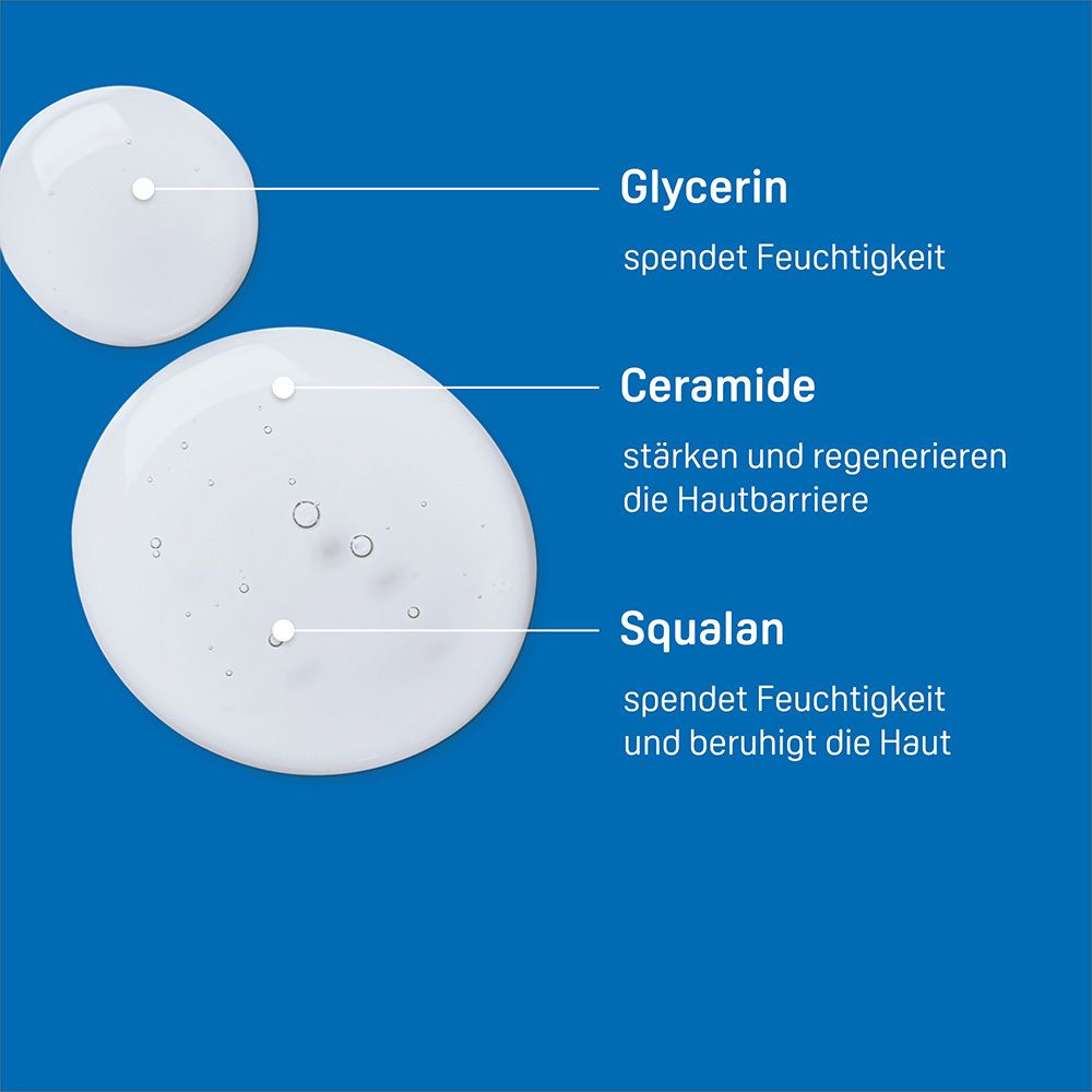 Gros plan sur des gouttes. Texte : Glycérine, Céramides, Squalane. Hydrate, renforce, apaise.