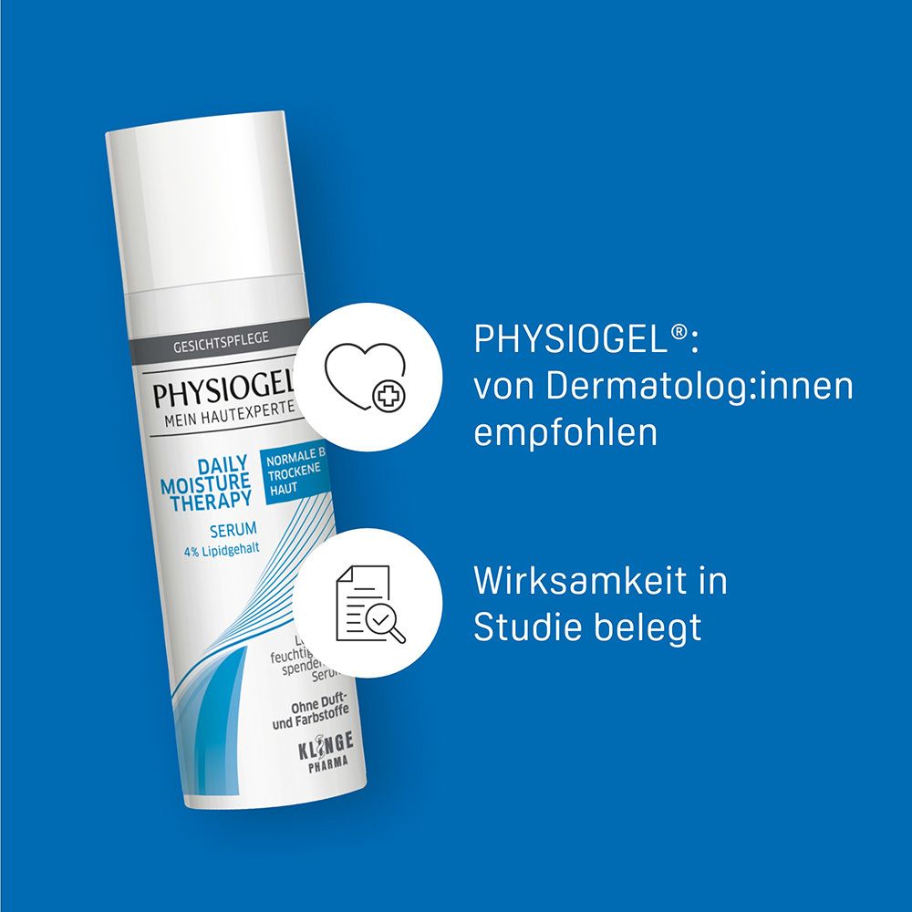 Texte sur fond bleu. Texte : PHYSIOGEL, recommandé par les dermatologues, efficacité prouvée par des études.