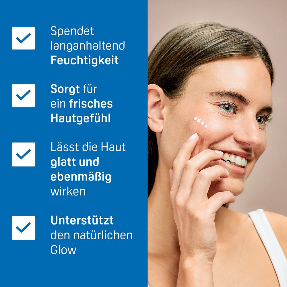 Femme avec sérum sur la peau. Texte : Hydrate, sensation de peau fraîche, peau lisse, éclat naturel.