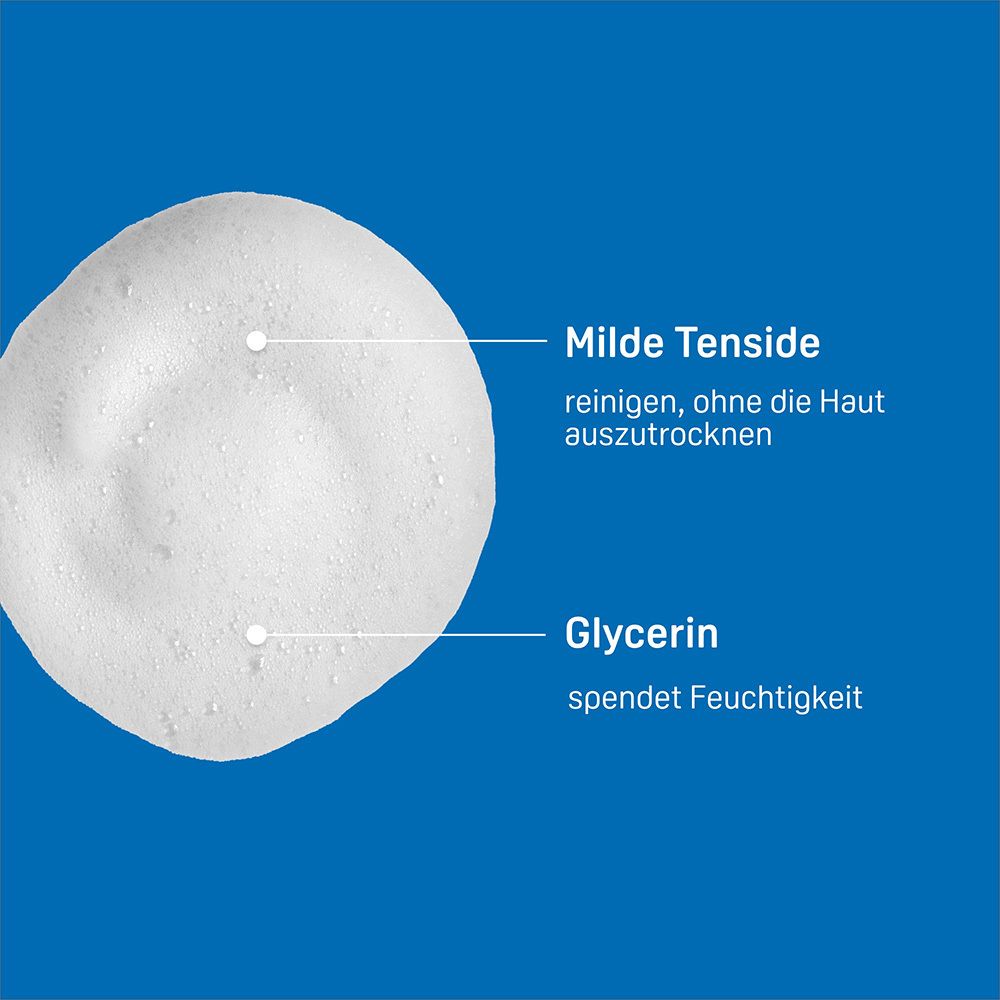 Texture de mousse avec étiquettes 'Tensioactifs doux' et 'Glycérine'.
