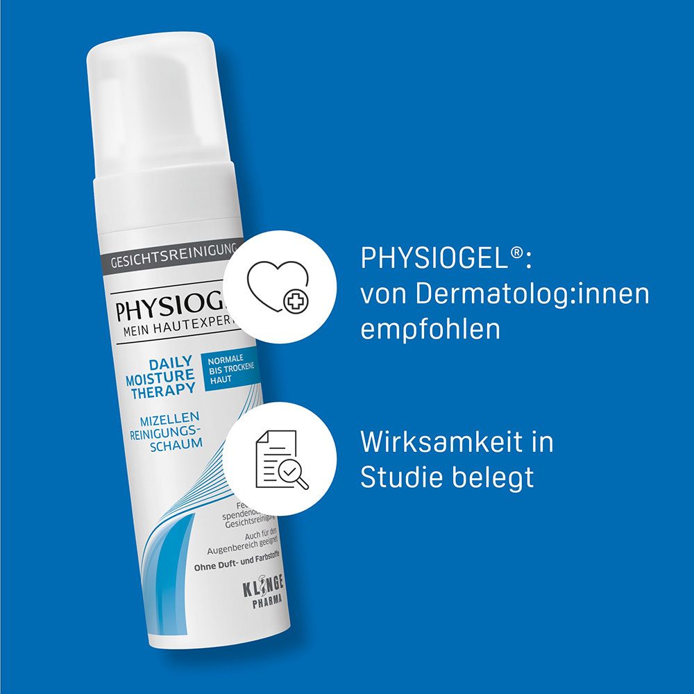 Flacon PHYSIOGEL® avec icônes 'Recommandé par les dermatologues' et 'Efficacité prouvée en étude'.
